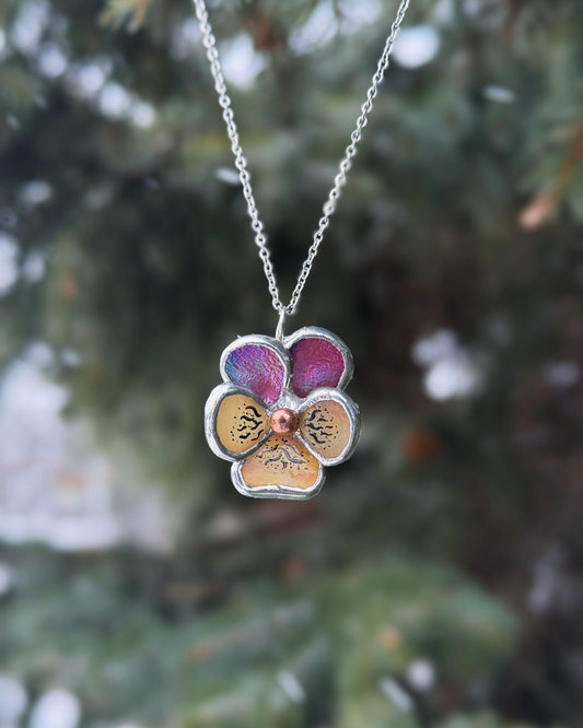 " . Pansy Mauve irid & Orange irid Necklace” Stained glass tropical flower 3D, art jewelry