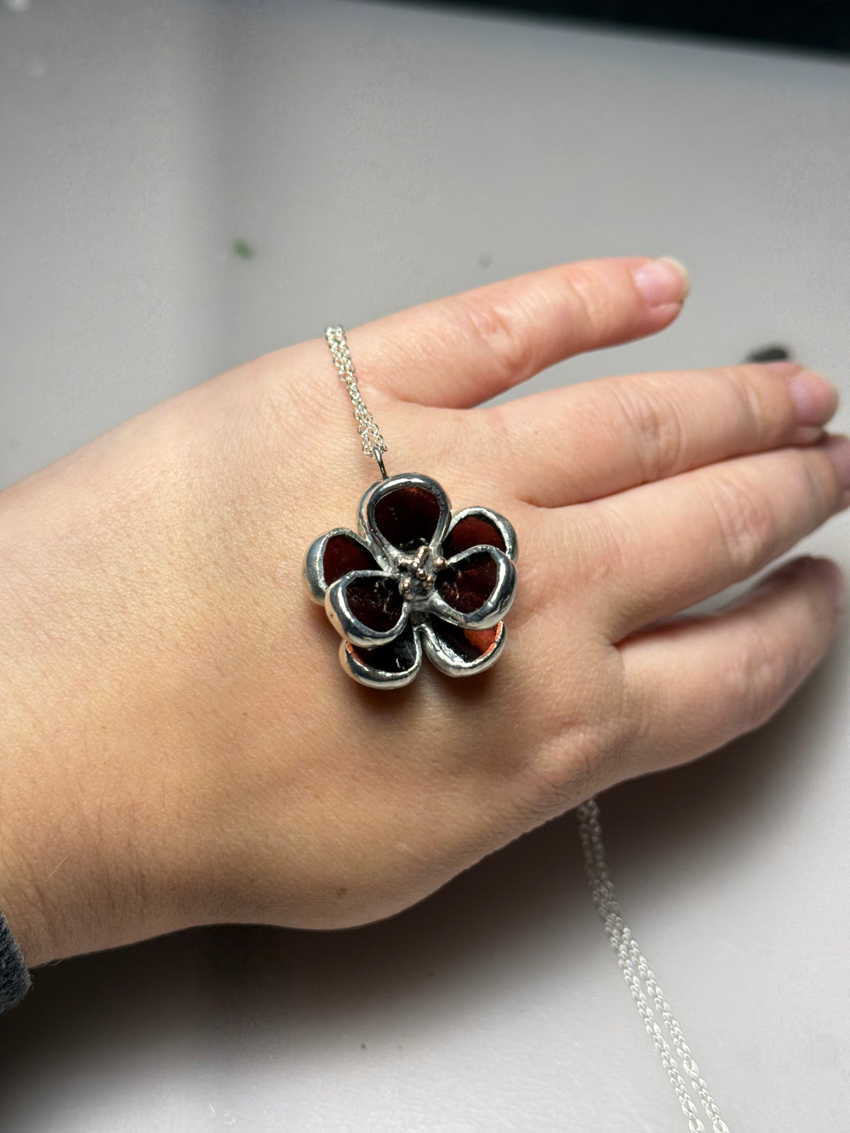 Chocolate Cosmos Flower Stained Glass Necklace, Handmade Botanical Jewelry
