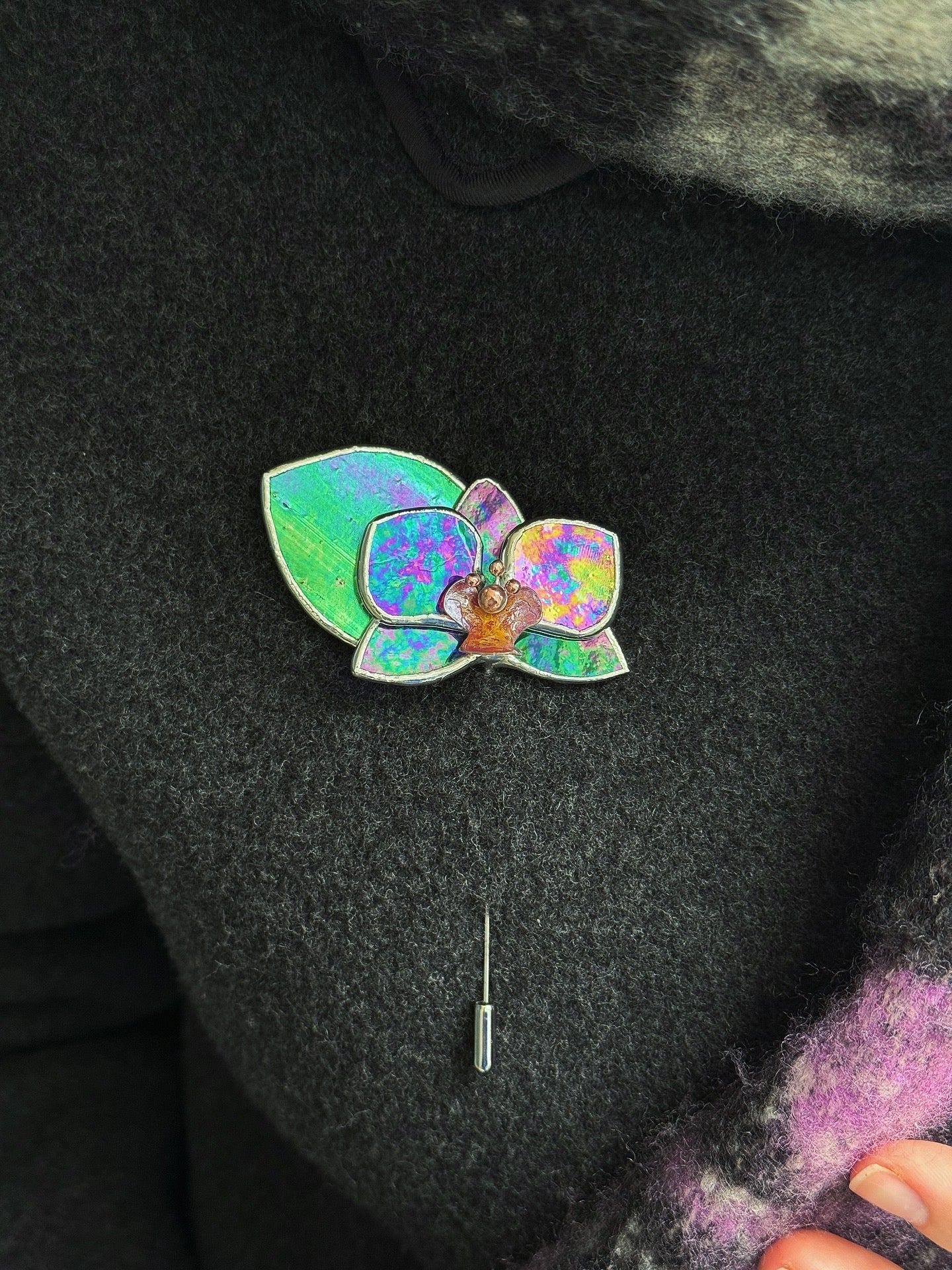 Orchid Brooch Statement Stained Glass Floral Pin, Modern Art Jewelry
