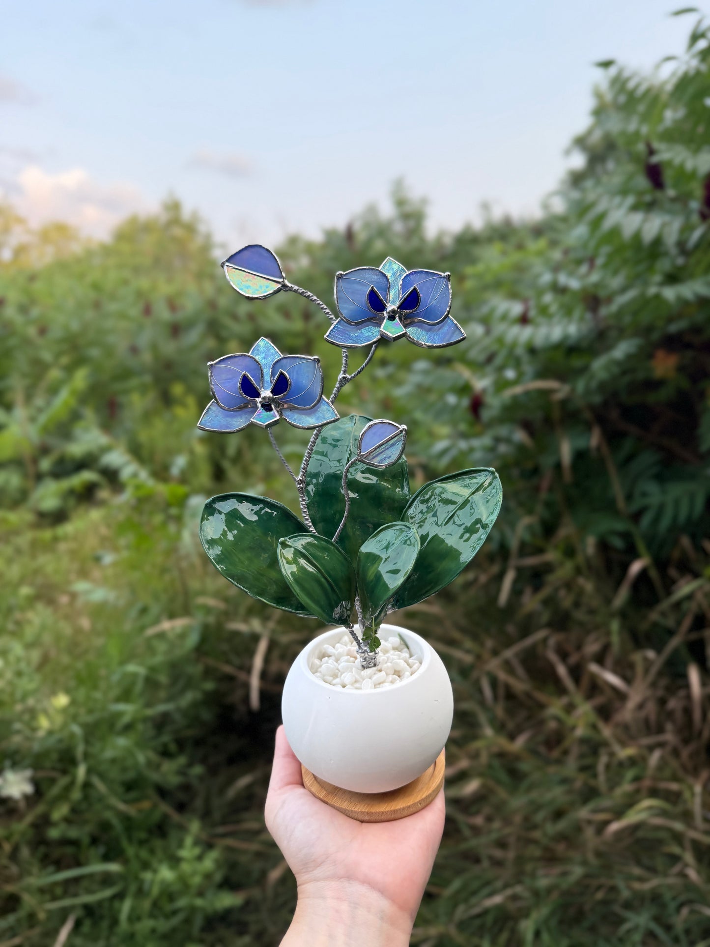Orchid Blue lavender WITH RESIN Hand painted LEAVES Stained Glass 2 flowers in a Pot, Botanical Art Sculpture