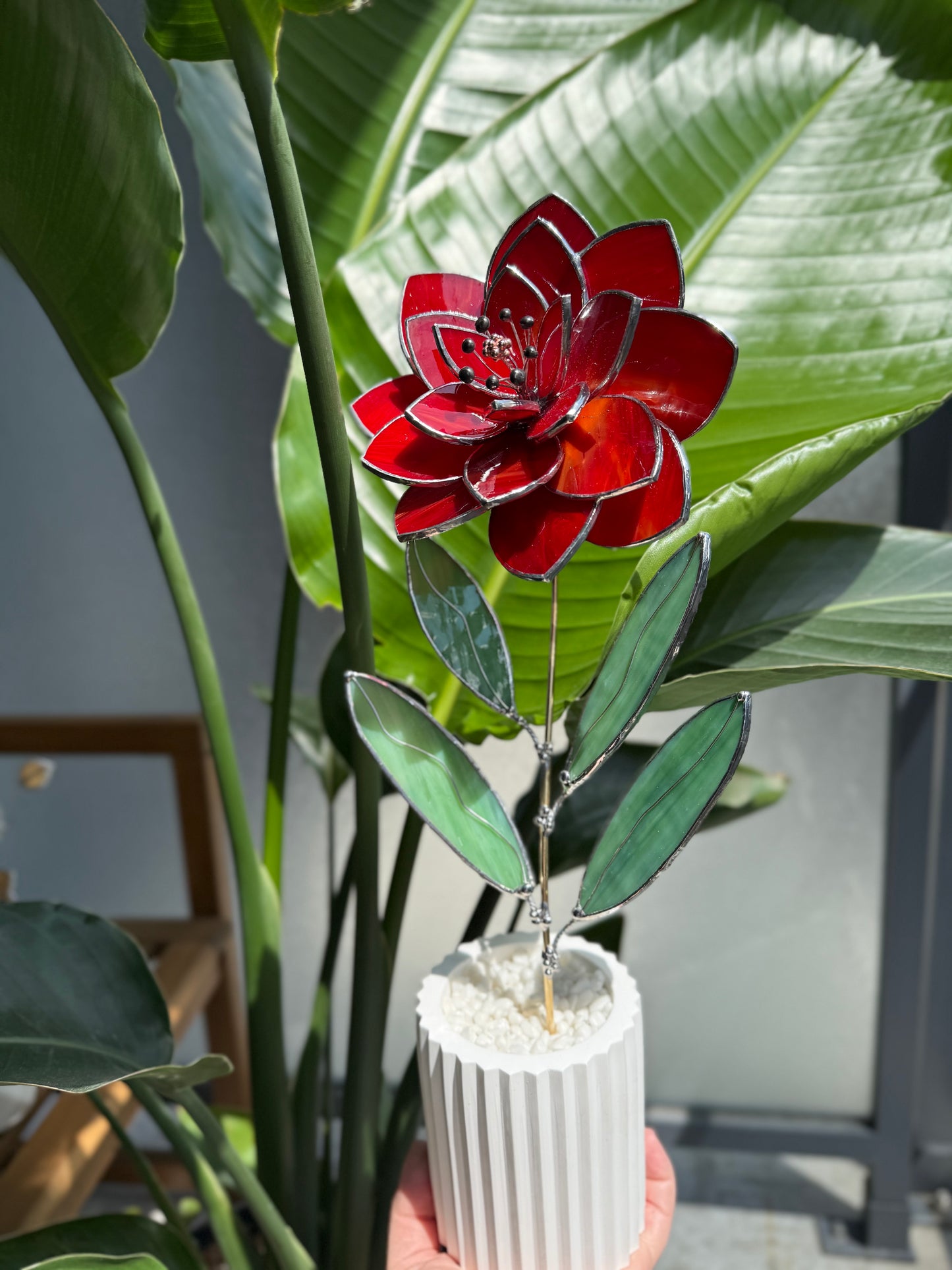 .Amber Red Peony Stained glass flower 3D Botanical Table Plant Decor new