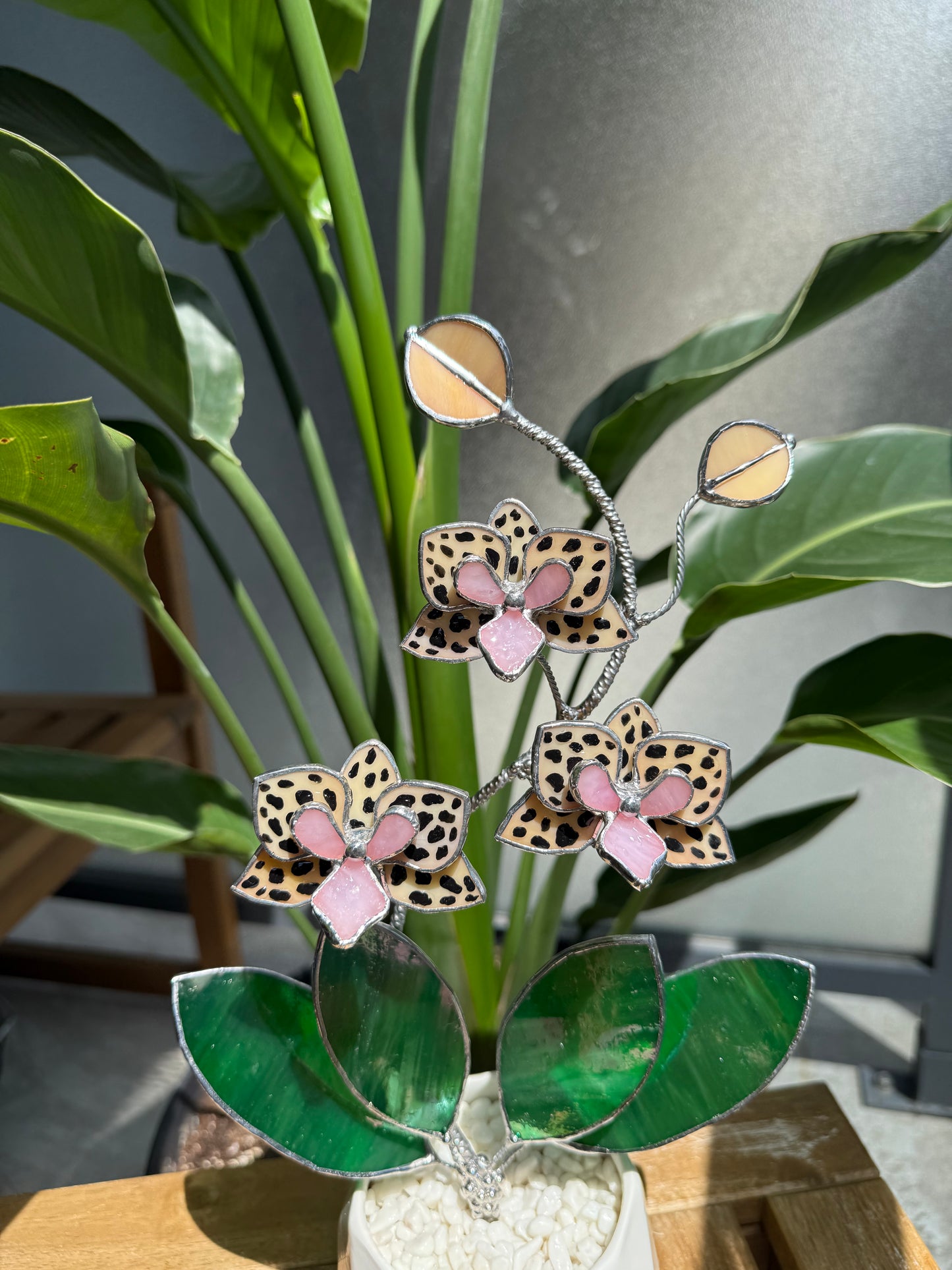 .Hand Painted Tiger Orchid in a pot, 3 flowers Botanical Stained Glass Modern Art Decor new