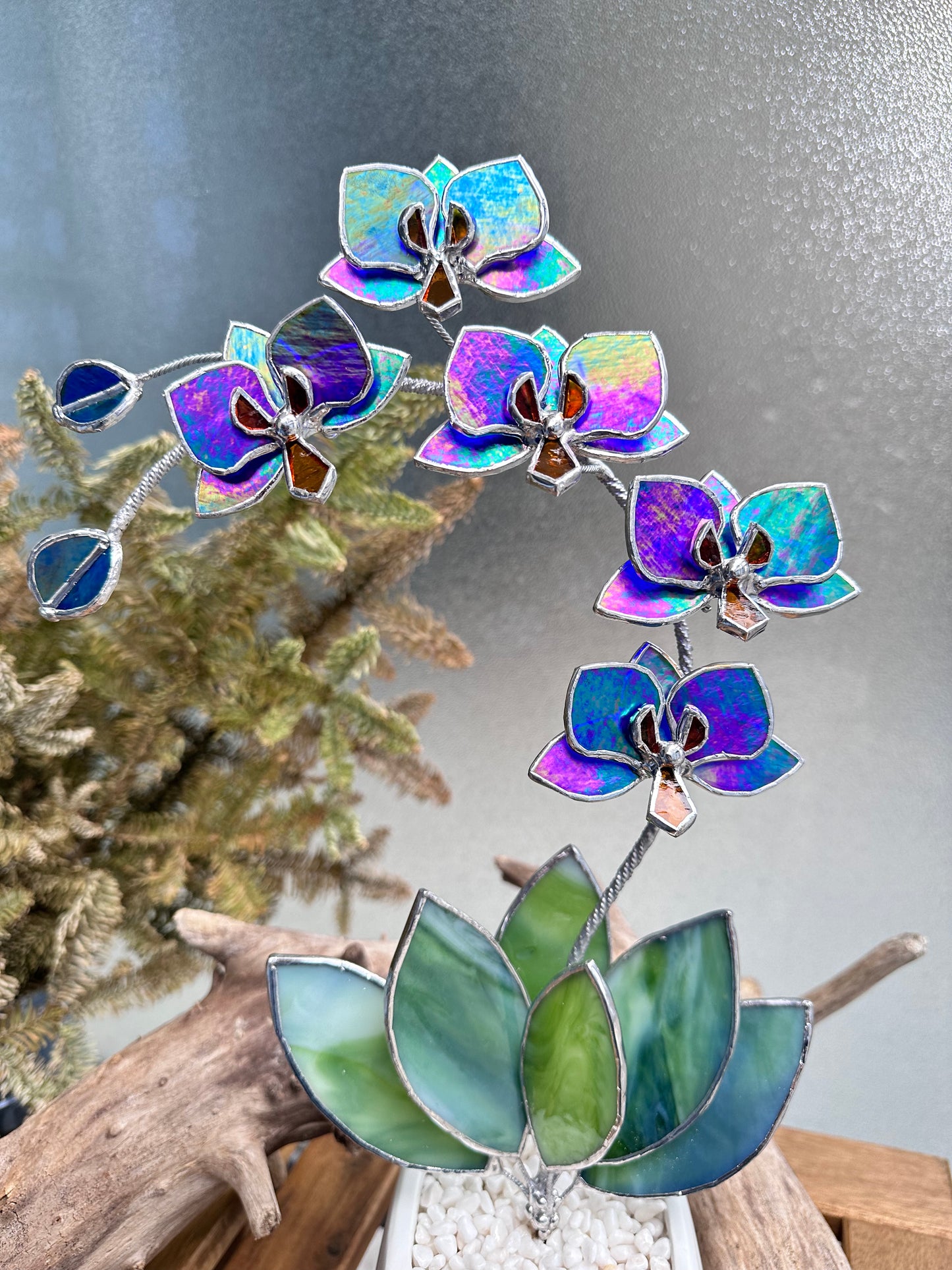 " .Indigo iridescent Orchid 5 flowers with pot" Stained glass tropical flower 3D, Sun catcher, Table plant, Garden stick, wedding decor, Christmas gift