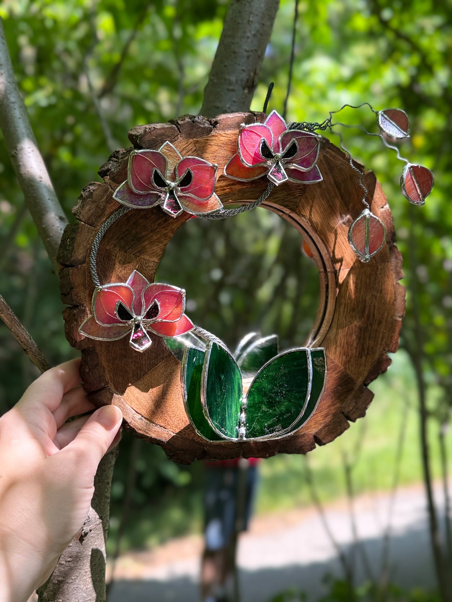 " . Berry red iridescent Orchid Mirror" Stained glass flower Wall decor.  Sun catcher Wooden frame Home wedding Decor Art. Christmas gift