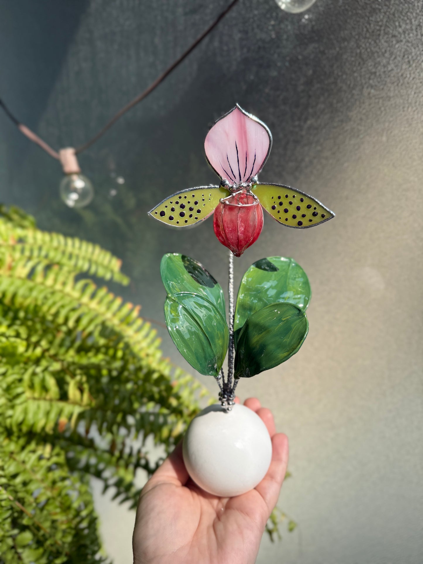 Lady’s Slipper Orchid, Handpainted Artificial Flower With Resin Leaves, Botanical Art Stained glass