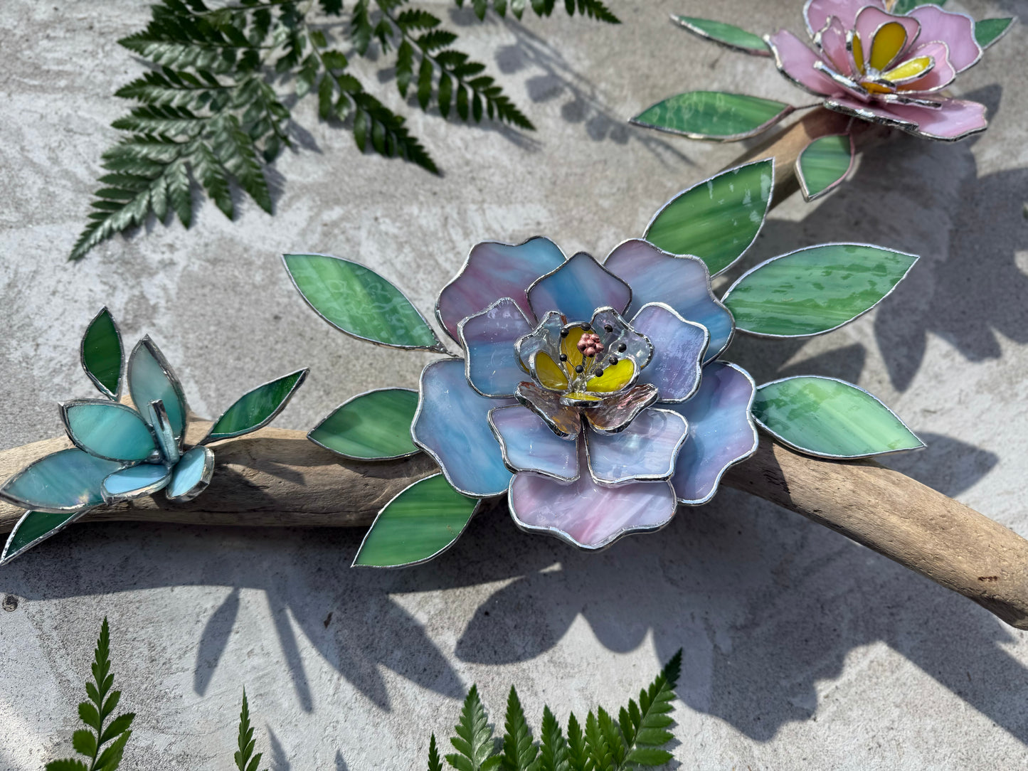 .Peonies Stained Glass Driftwood Wall Decor Suncatcher