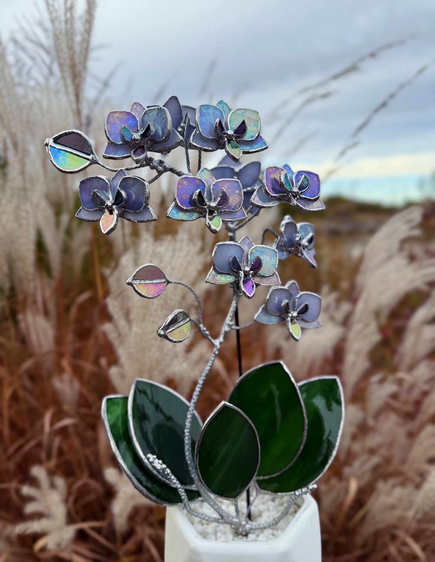 "  . Stained glass Orchid Lavender iridescent, double sided, 10 flowers with pot”, Stained glass tropical flower 3D, Suncatcher, Table plant decor