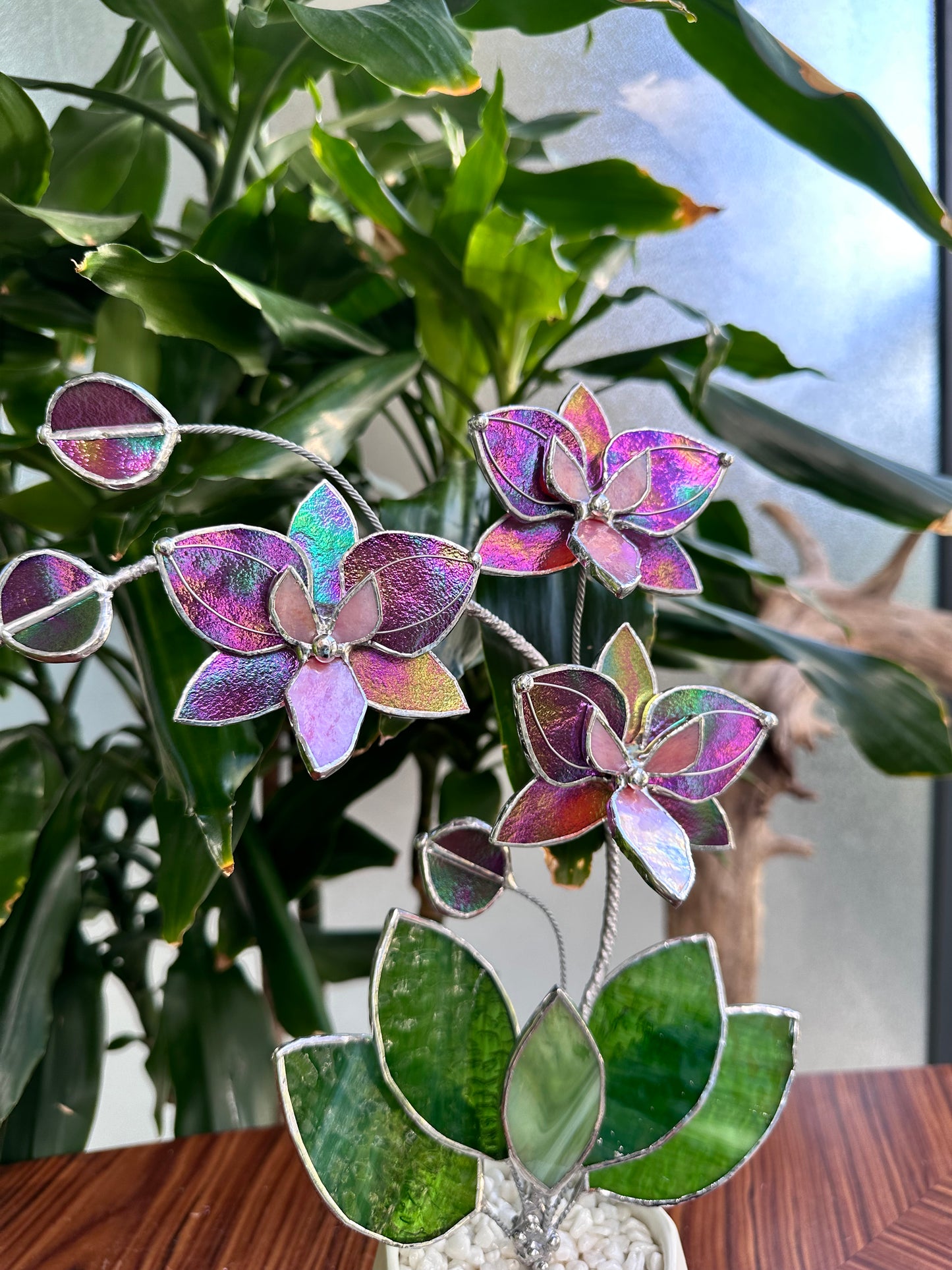 " . Mauve iridescent Butterfly Orchid 3 flowers with pot” Stained glass tropical flower 3D, Sun catcher, Table plant, Garden stick, Outdoor and gardening decor