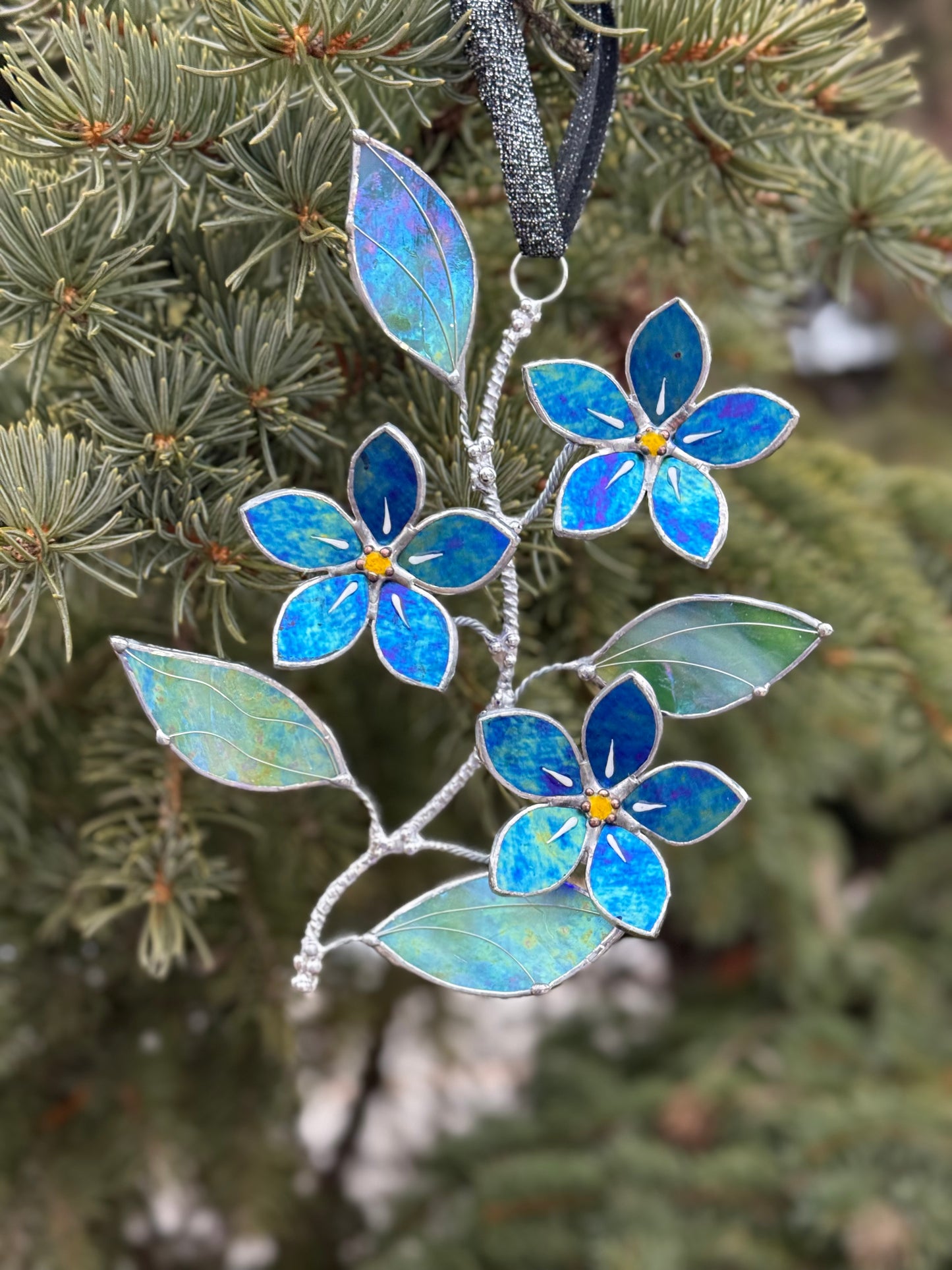 "  . Forget me not flower Indigo iridescent Wall Pendant, Stained glass, Walldecoration, Suncatcher