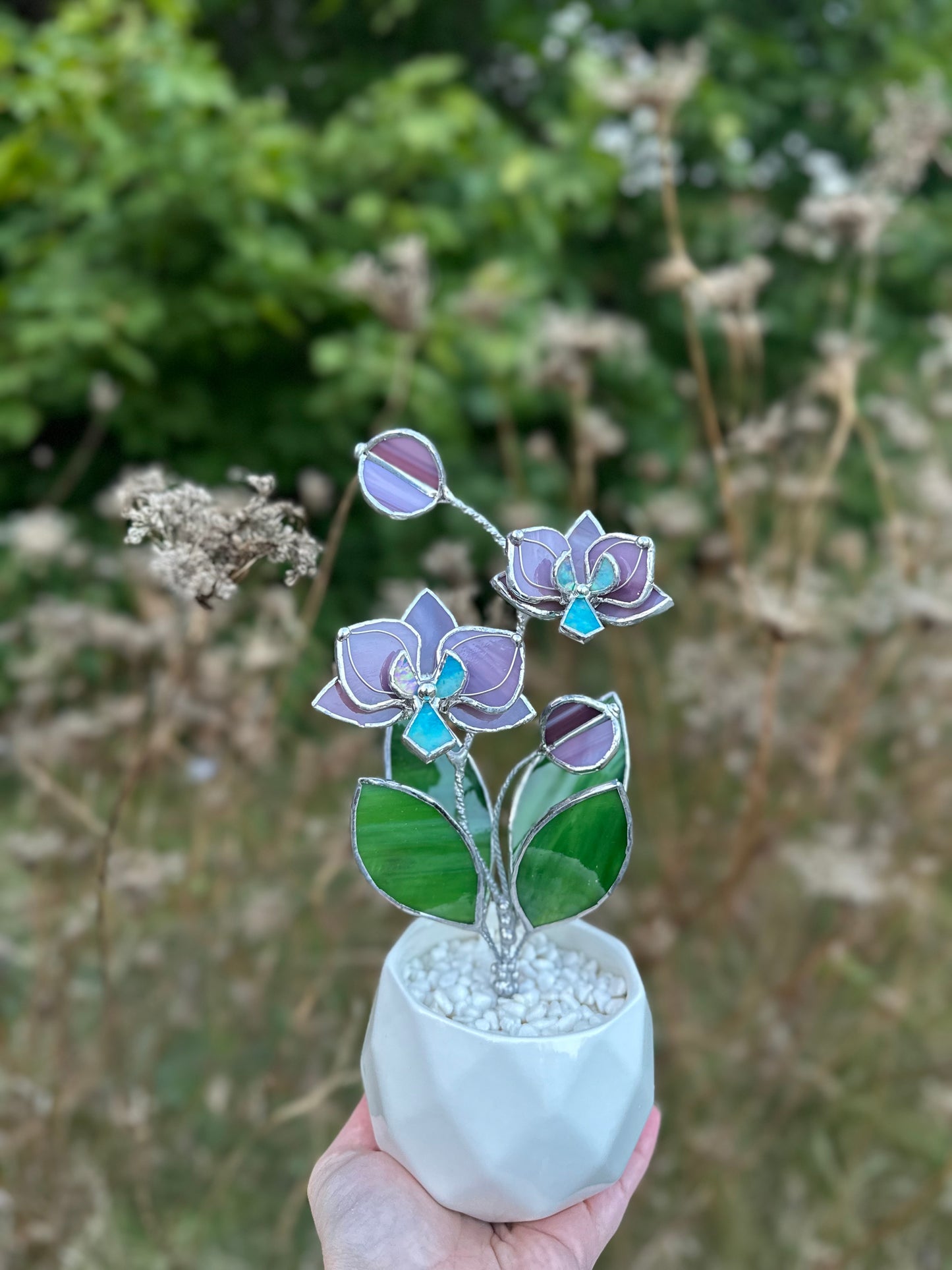 " . Dusty Rose Orchid 2 flowers with pot” Stained glass tropical flower 3D, Sun catcher, Table plant decor, Garden stick, Outdoor and gardening decor