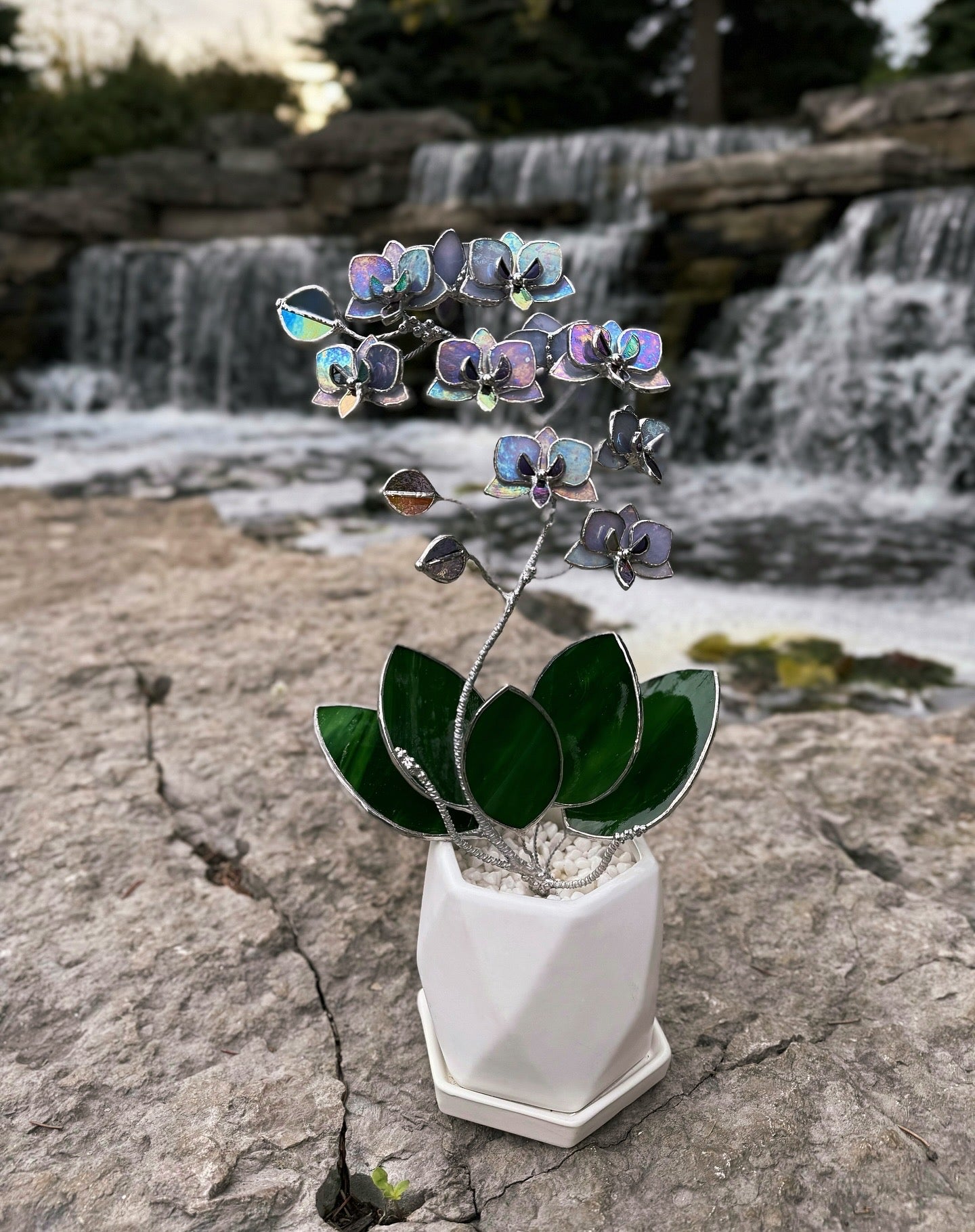 "  . Stained glass Orchid Lavender iridescent, double sided, 10 flowers with pot”, Stained glass tropical flower 3D, Suncatcher, Table plant decor