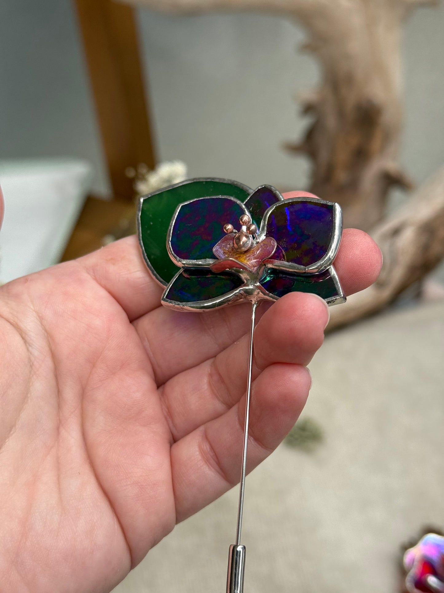 Orchid Brooch Statement Stained Glass Floral Pin, Modern Art Jewelry
