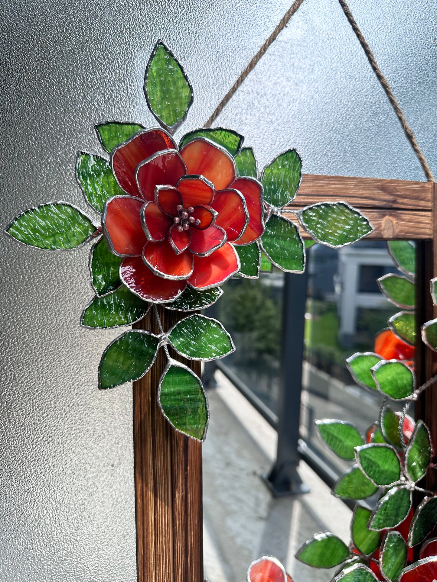 " . Flower Mirror Red Roses, Stained glass Wedding Wall Decor Christmas gift, Suncatcher