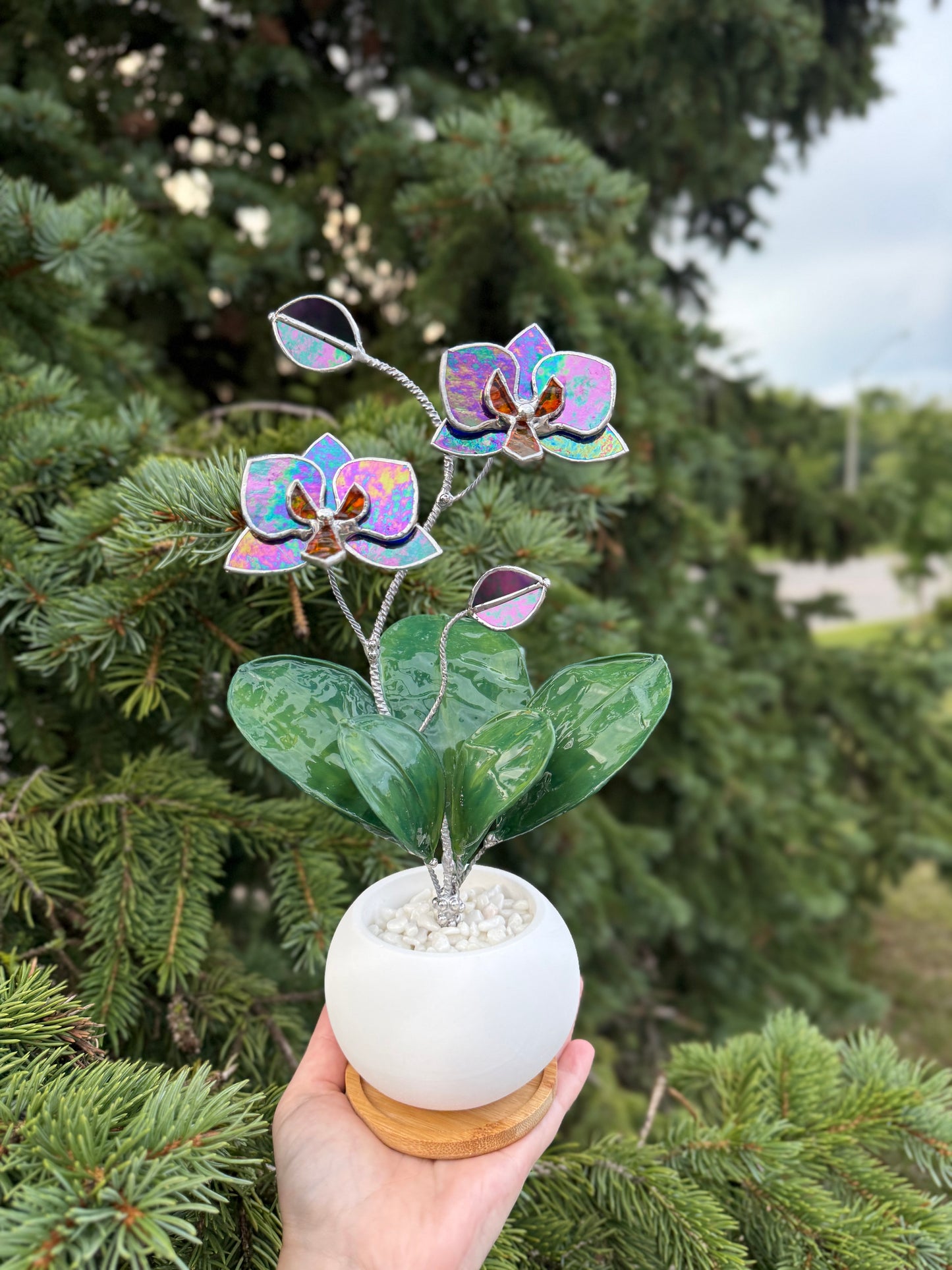 Orchid Indigo iridescent WITH RESIN Hand painted LEAVES Stained Glass 2 flowers in a Pot, Botanical Art Sculpture
