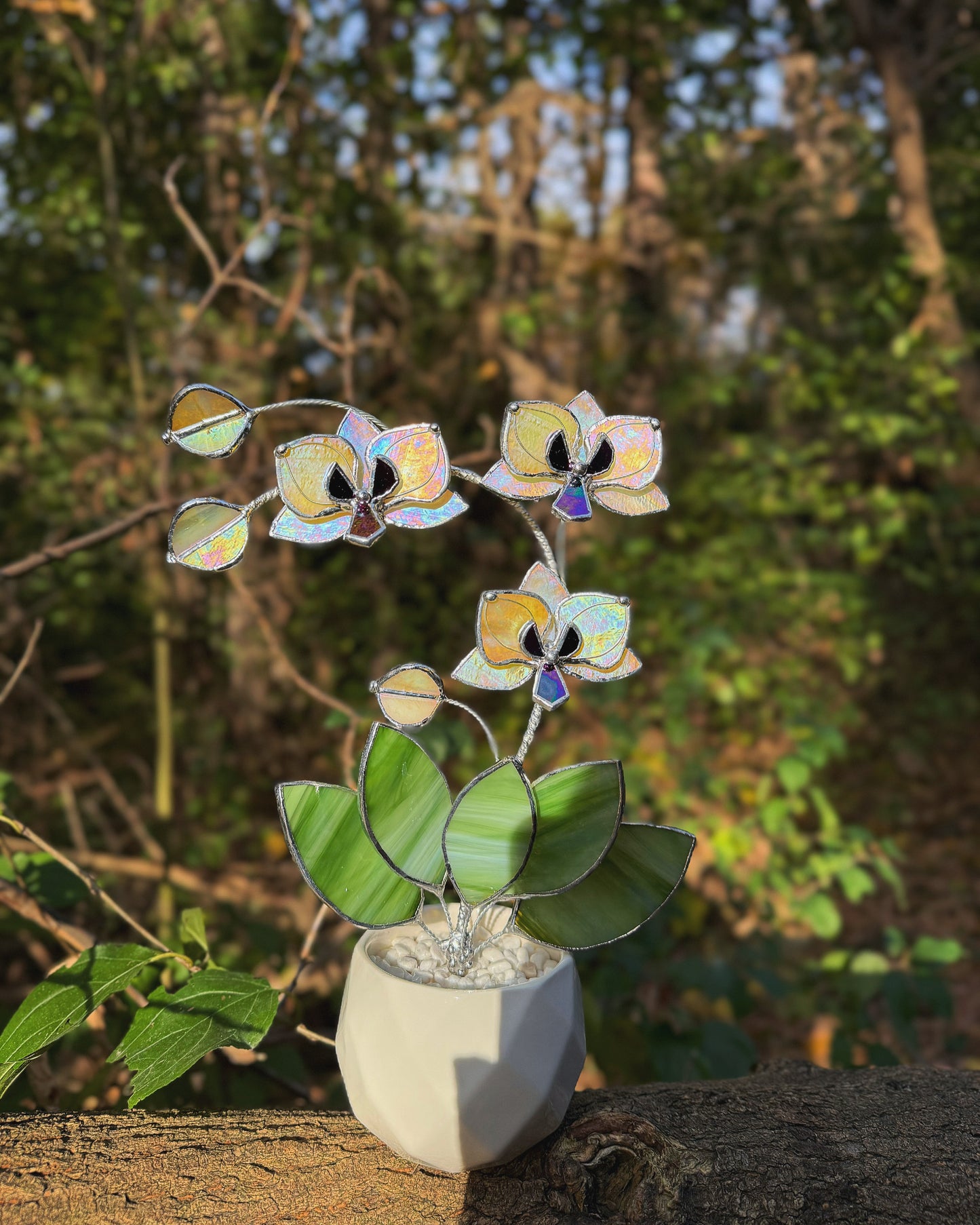 " . Lemon yellow iridescent Orchid 3 flowers with pot” Stained glass tropical flower 3D, Sun catcher, Table plant, Garden stick, Outdoor and gardening decor