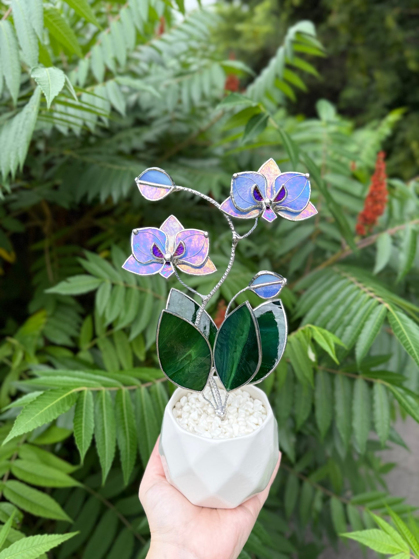 " . Blue Lavender Orchid, 2 flowers with pot” Stained glass tropical flower 3D, Suncatcher, Table plant decor