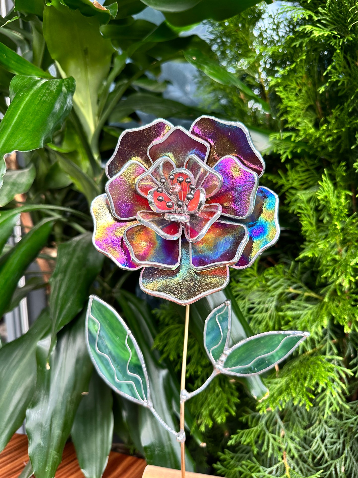 " . Mauve iridescent Peony Stained glass flower, tropical 3D Sun catcher, Table plant decor, wedding gift, available