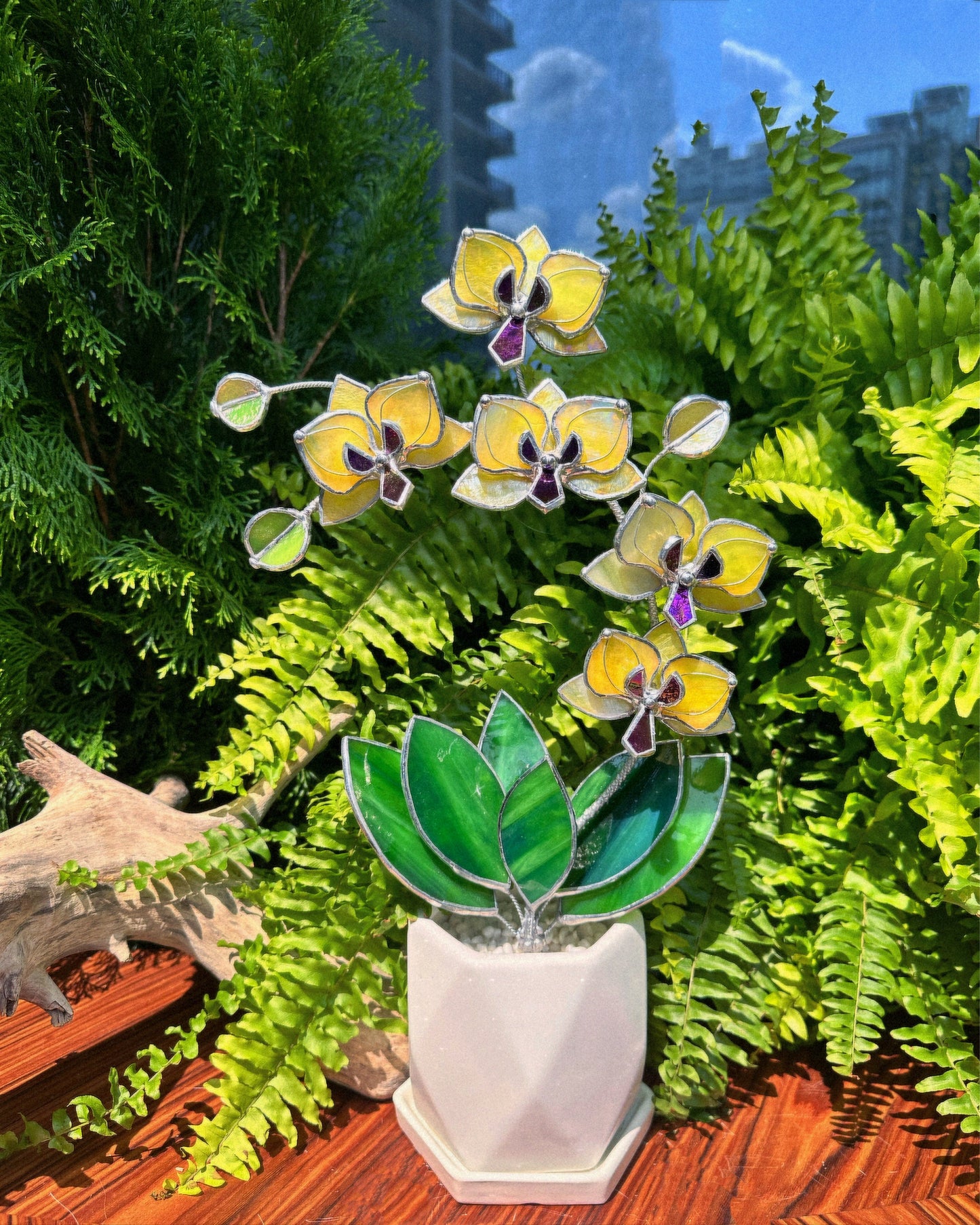 " . Lemon Yellow iridescent Orchid 5 flowers with pot" Stained glass tropical flower 3D, Sun catcher, Table plant, Garden stick, wedding decor, Christmas gift