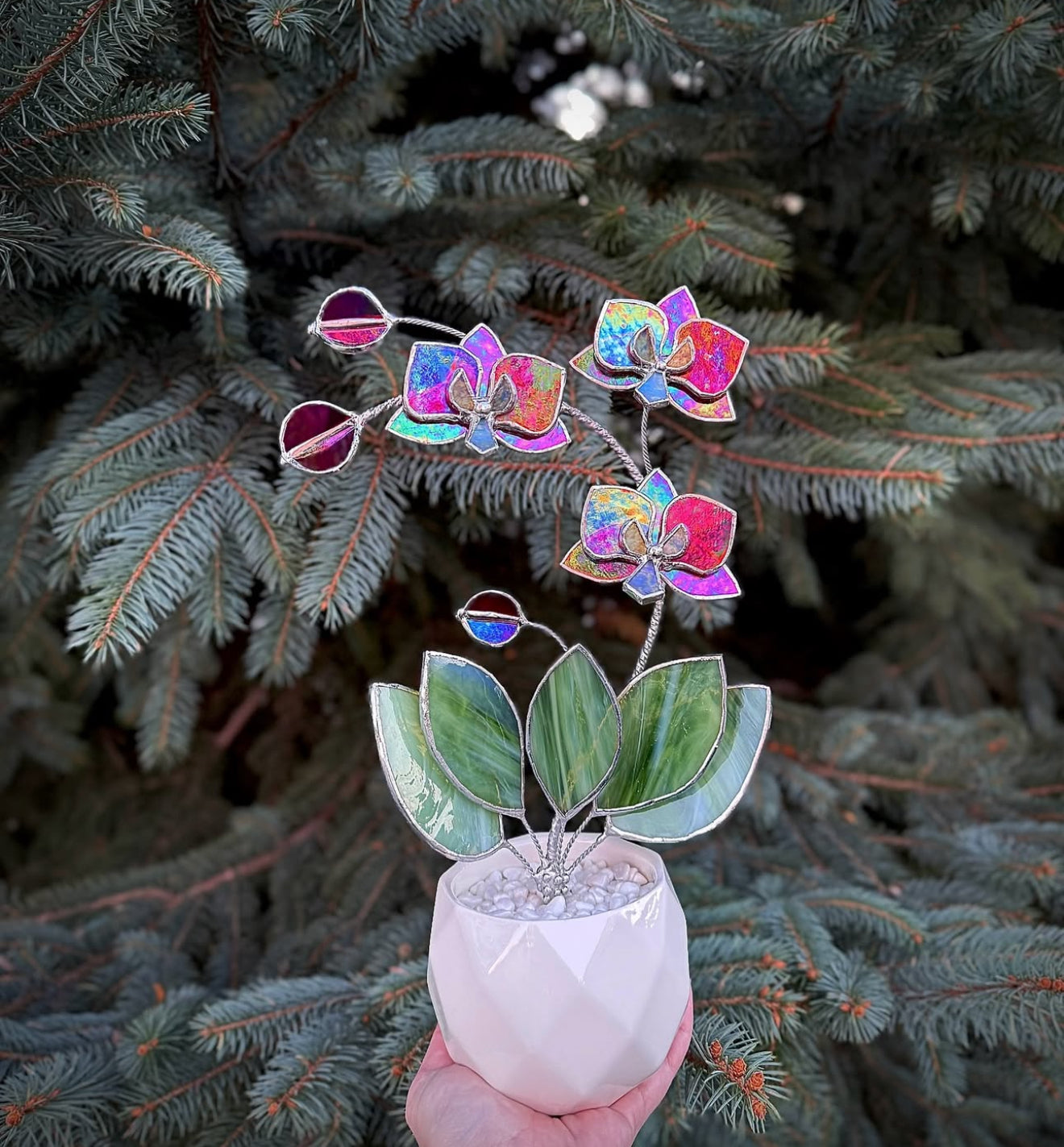 ". Red luminescent Orchid 3 flowers with pot” Stained glass tropical flower 3D, Sun catcher, Table plant, Garden stick, Outdoor and gardening decor,