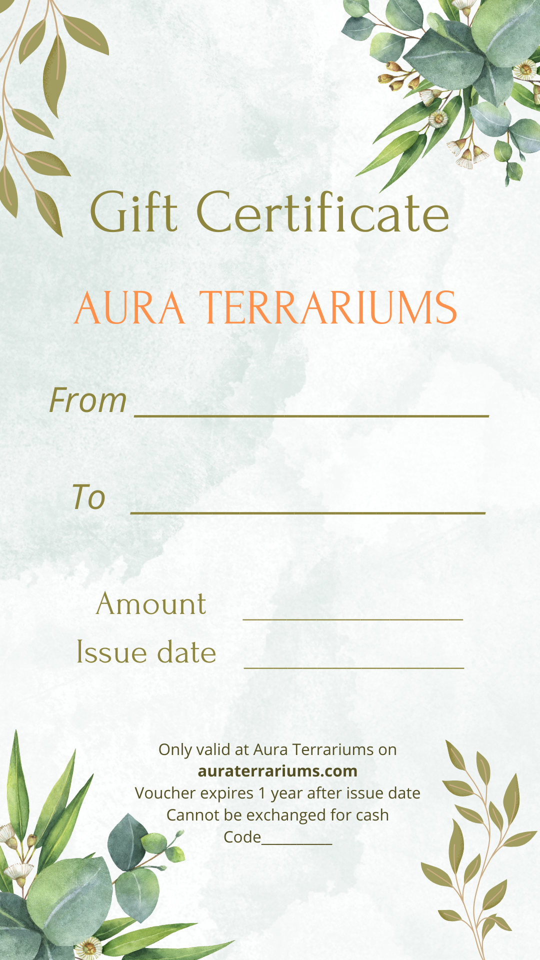 " . AURA TERRARIUMS GIFT CERTIFICATE for 100-1000 CAD for purchasing items on the website