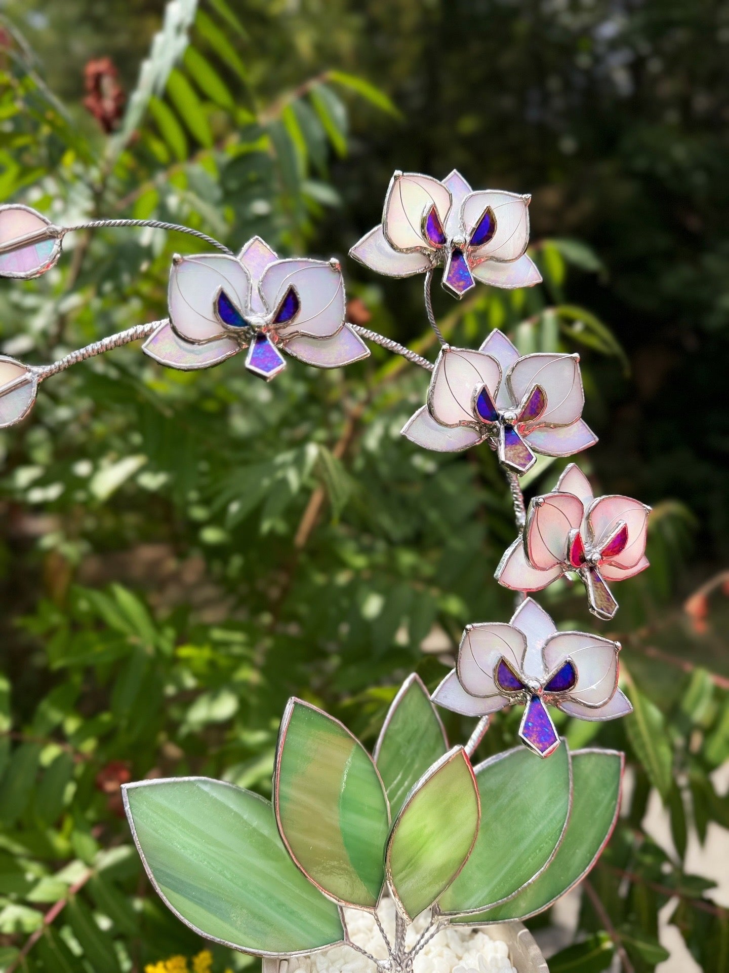" .  Orchid White Pearl iridescent 5 flowers with pot” Stained glass tropical flower 3D, Sun catcher, Table plant decor, Garden stick, Outdoor and gardening decor