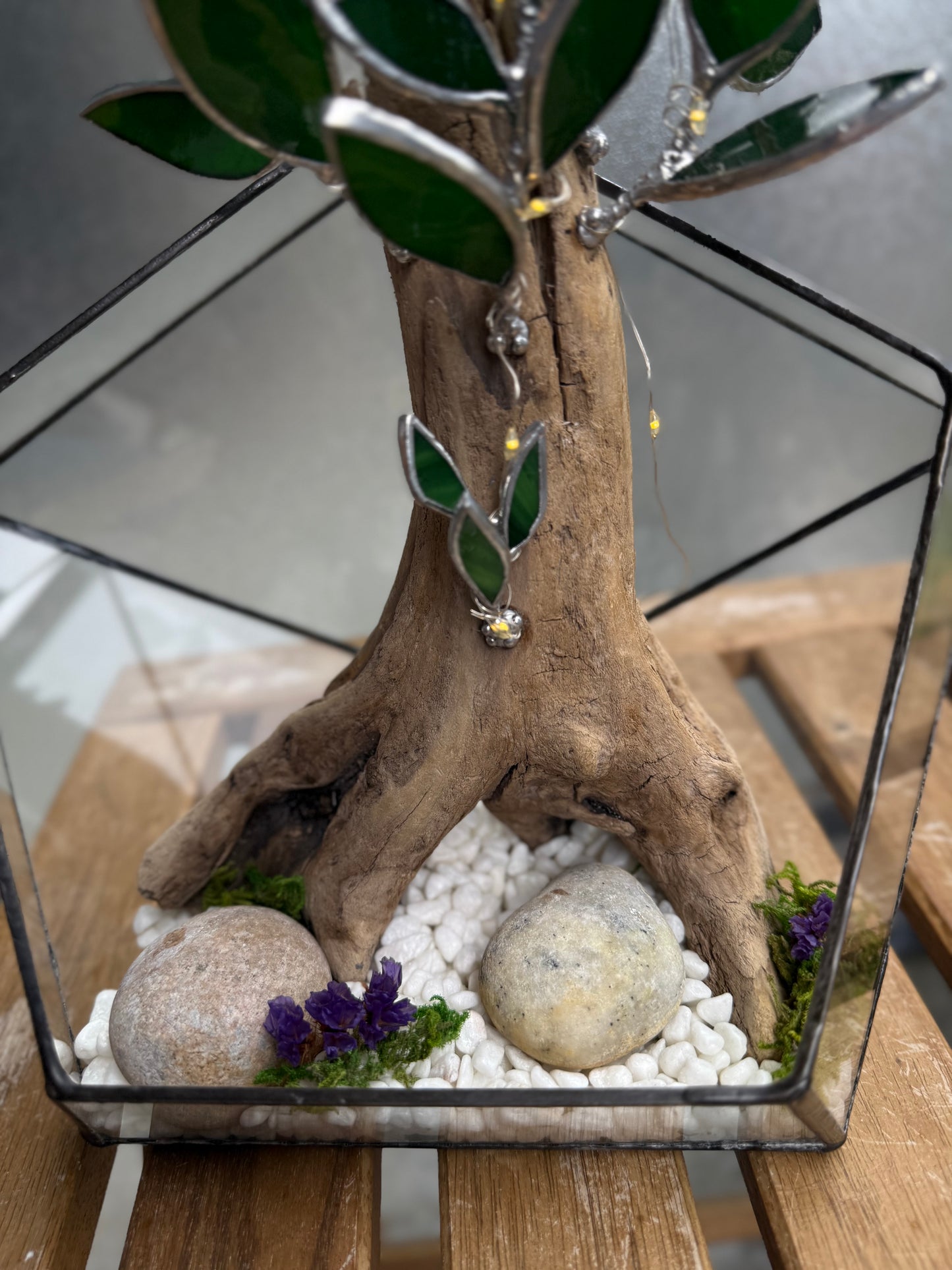 "  . Geometric glass terrarium with bonsai with glass leaves and lights”, Table decor, Christmas gift