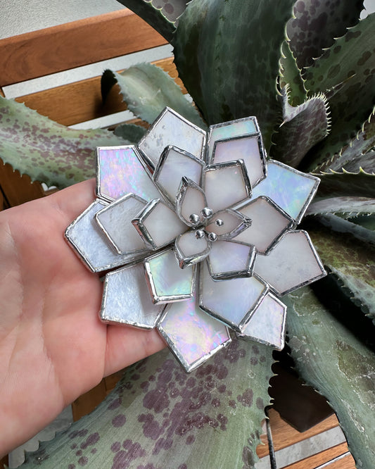 Stained glass Succulent 3D Pearl White Iridescent Echeveria flower, gardening, indoor  house plant for pot Mother’s Day gift, glass art