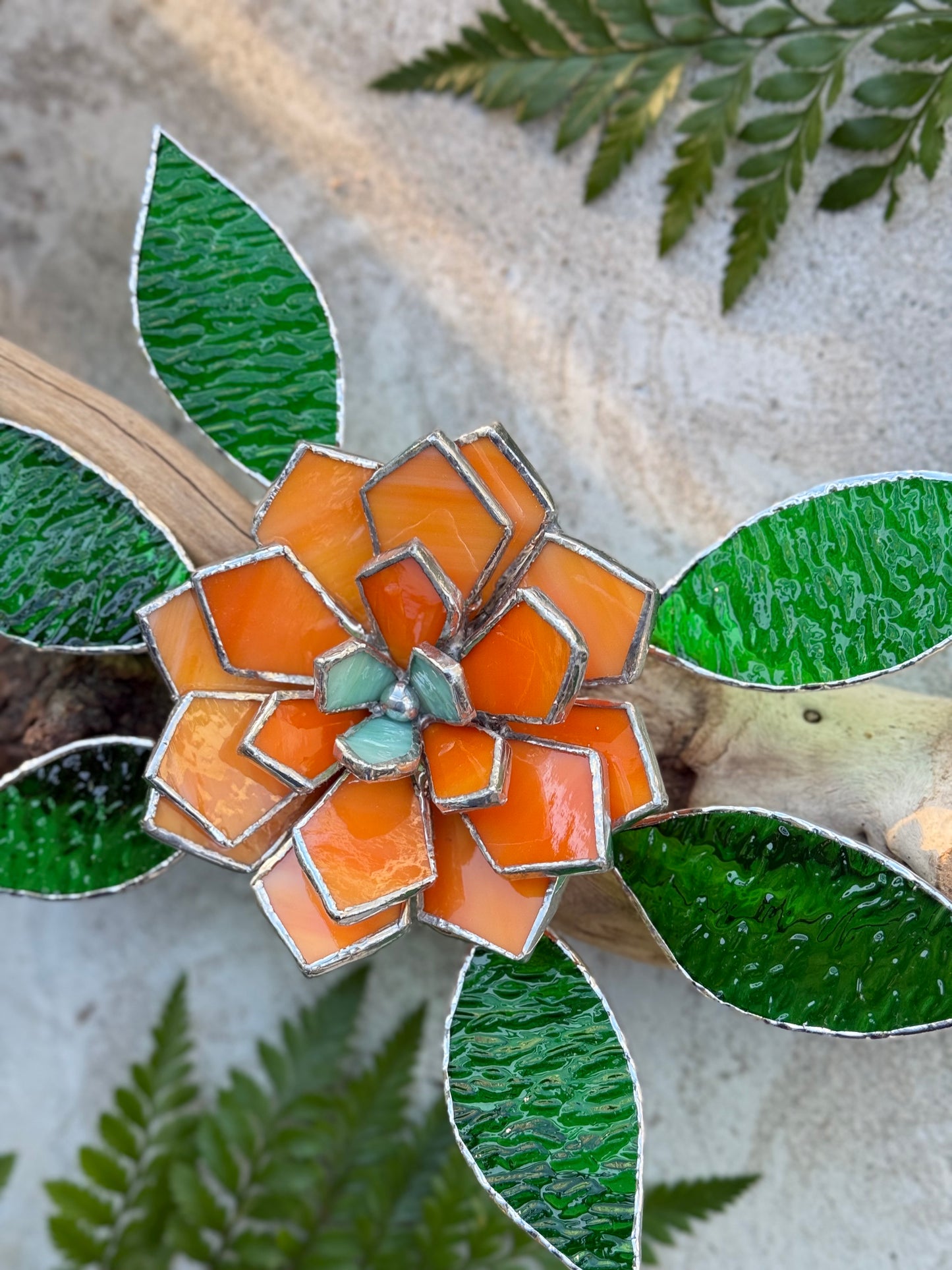.Tropical flower Stained Glass Driftwood Wall Decor Suncatcher