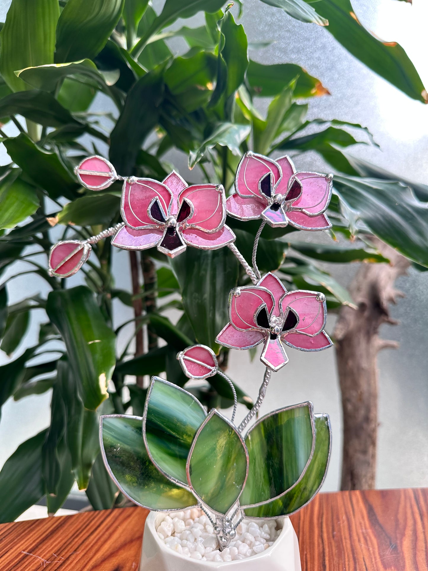 ". Baby Pink Orchid 3 flowers with pot” Stained glass tropical flower 3D, Sun catcher, Table plant, Garden stick, Outdoor and gardening decor