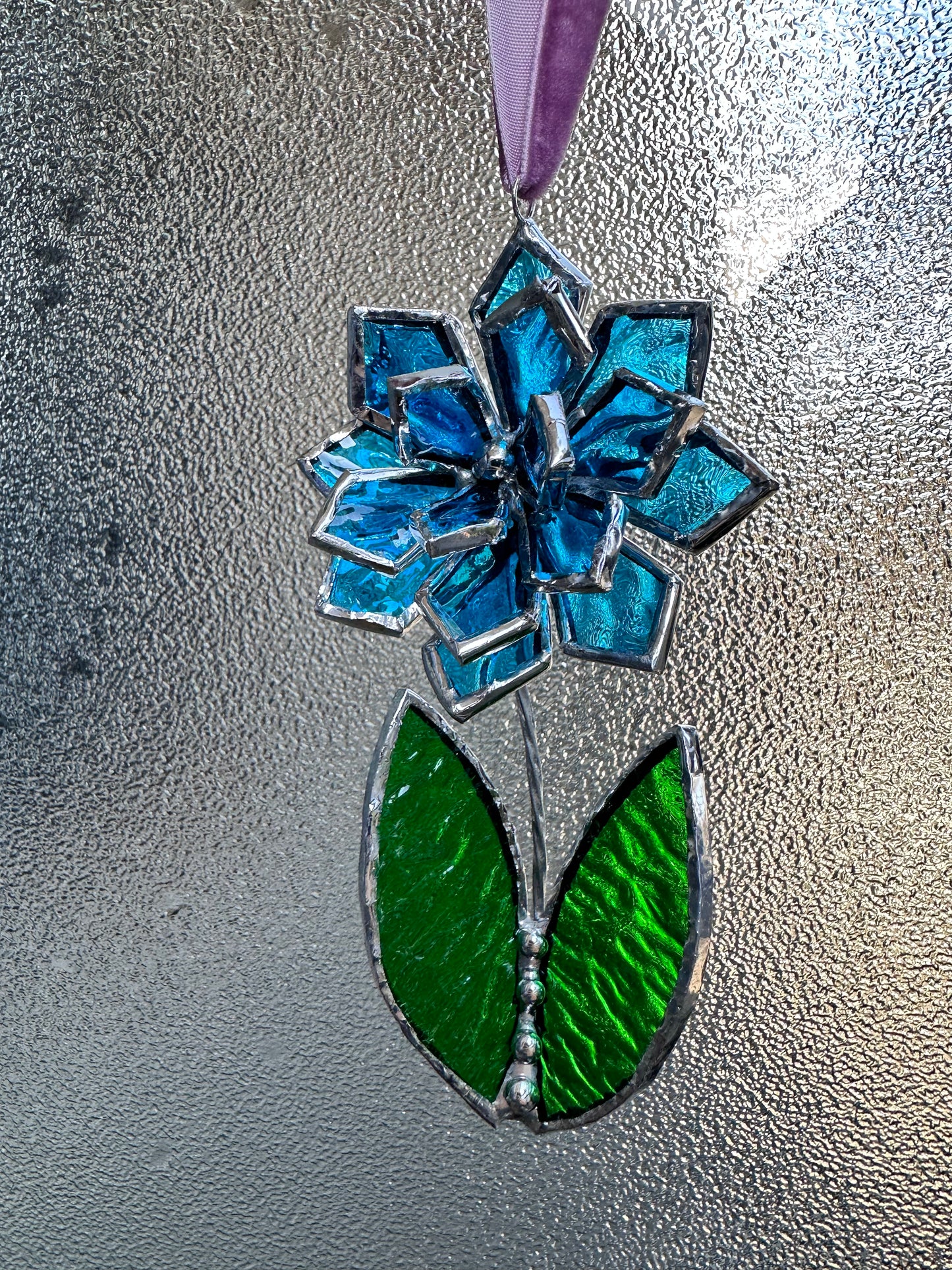 Christmas tree ornament Flower Blue ribbed transparent Set of 1, 3, 5, 7, 10. Stained glass Wall window decor, holiday decorations, lights