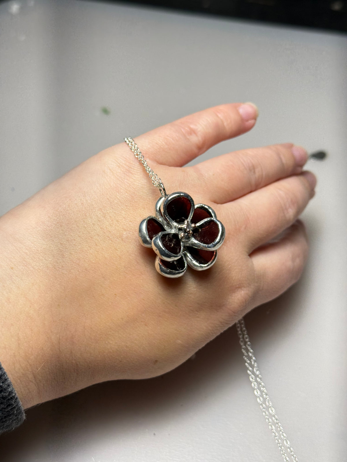 Chocolate Cosmos Flower Stained Glass Necklace, Handmade Botanical Jewelry