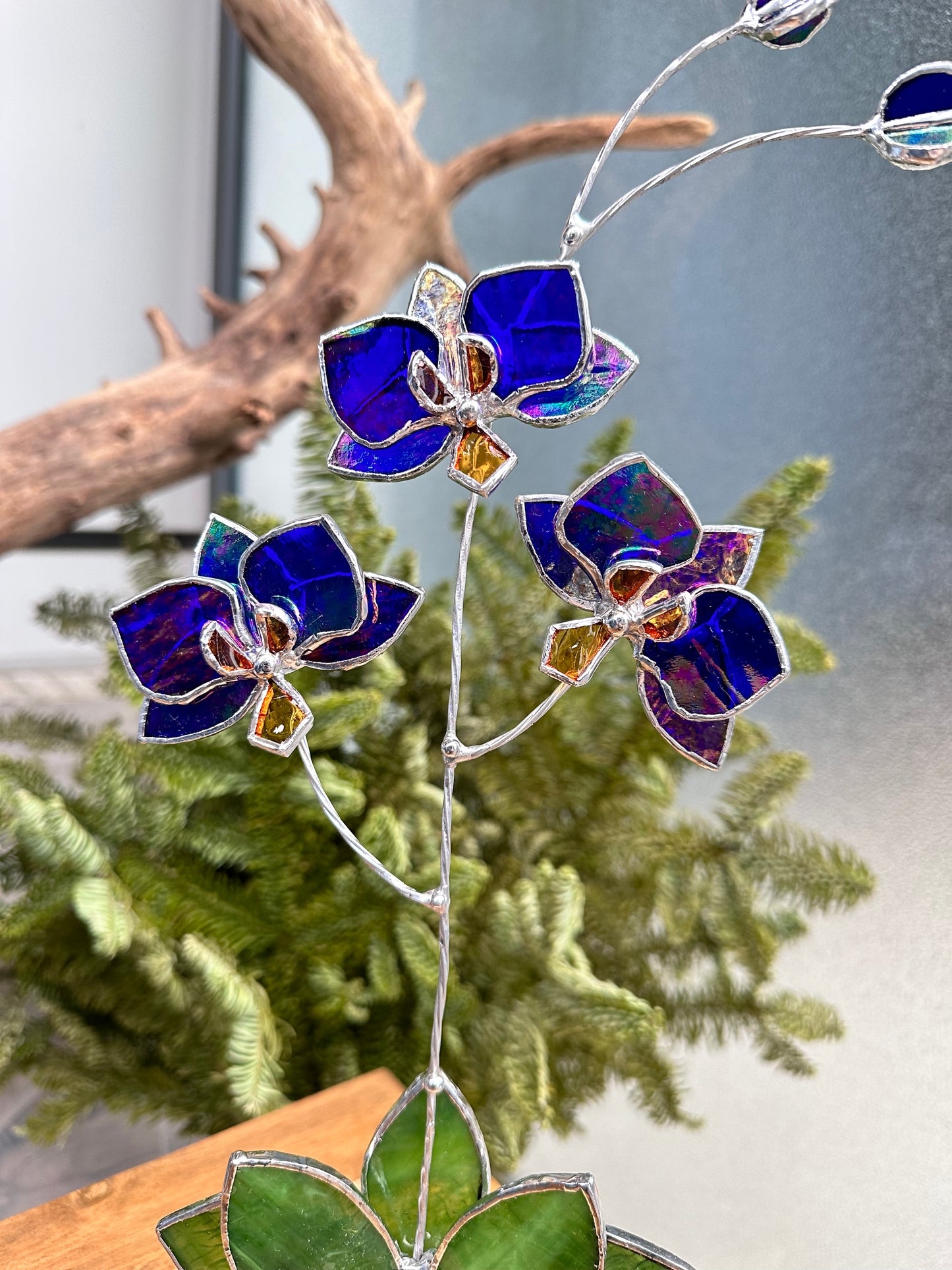 ".Orchid flower “Indigo iridescent", Stained glass Suncatcher flower 3D, plant, Wedding Christmas Gift , Outdoor decor