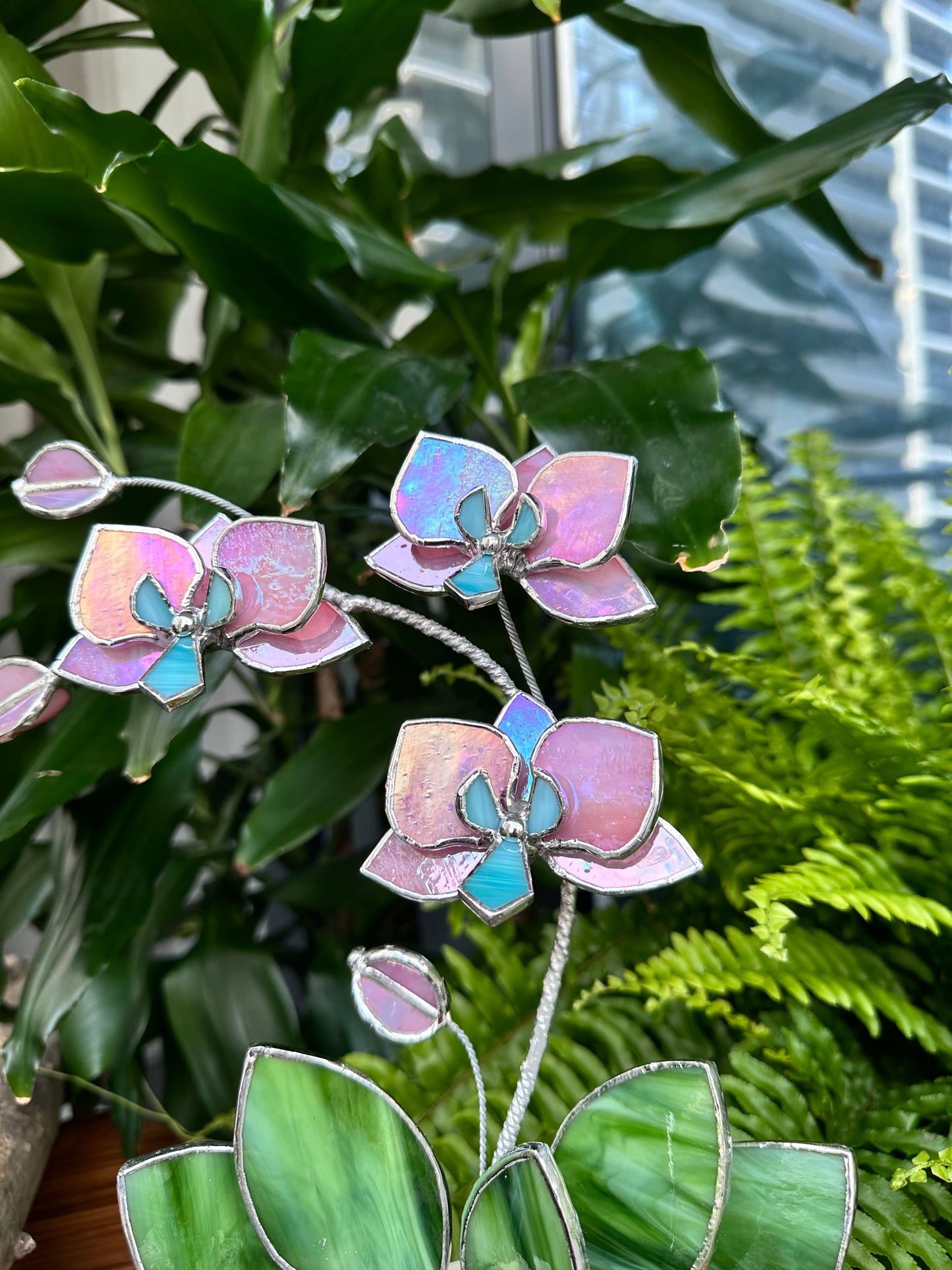 " . Candy Pink iridescent Orchid 3 flowers with pot” Stained glass tropical flower 3D, Sun catcher, Table plant, Garden stick, Outdoor and gardening decor