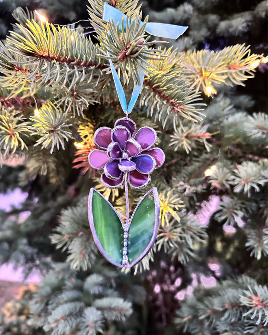 Christmas tree ornament Flower Purple Set of 1, 3, 5, 7, 10. Stained glass Wall window decor, holiday decorations, lights