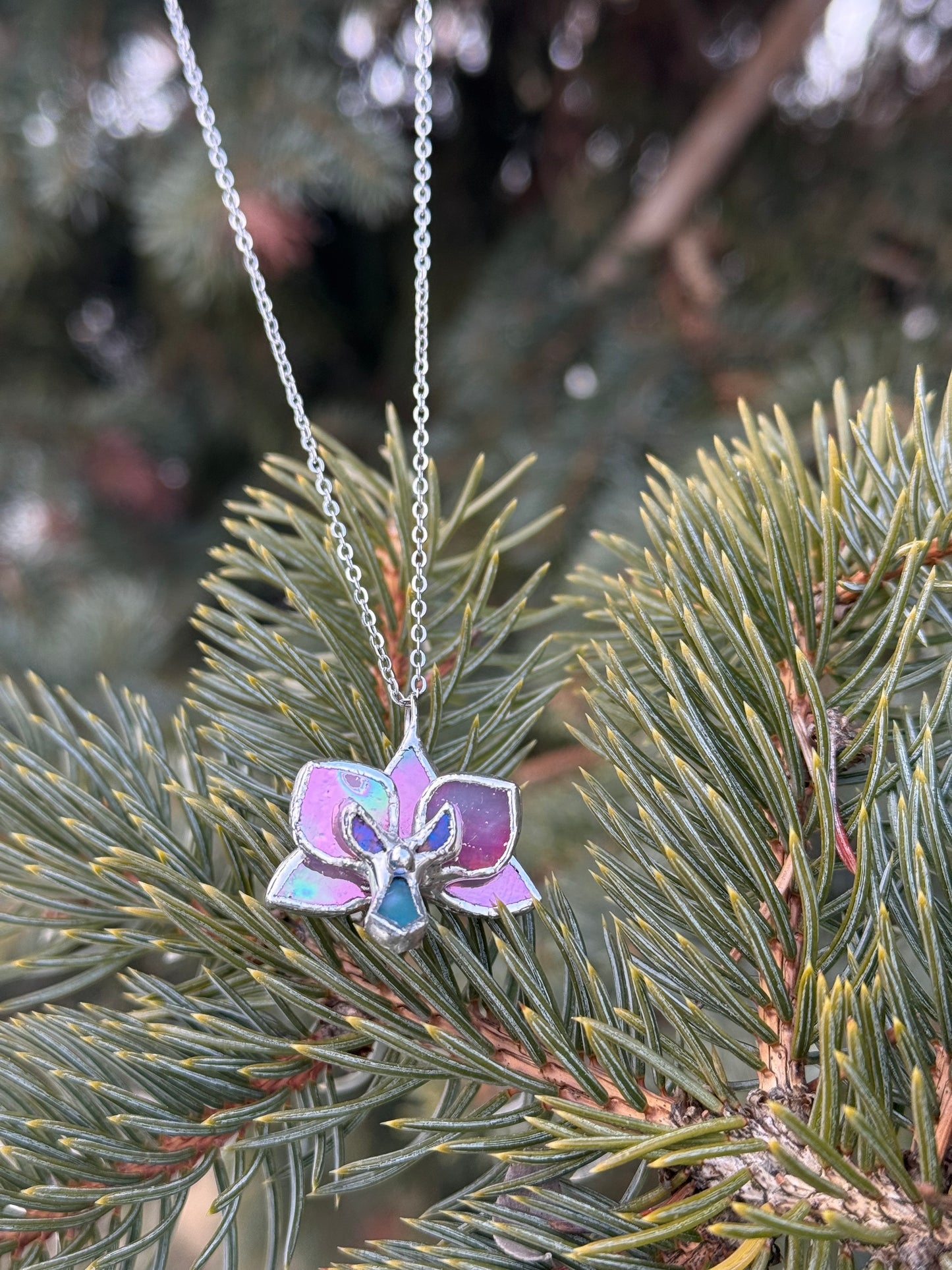" . Necklace Orchid Candy Pink iridescent Necklace” Stained glass tropical flower 3D, art jewelry