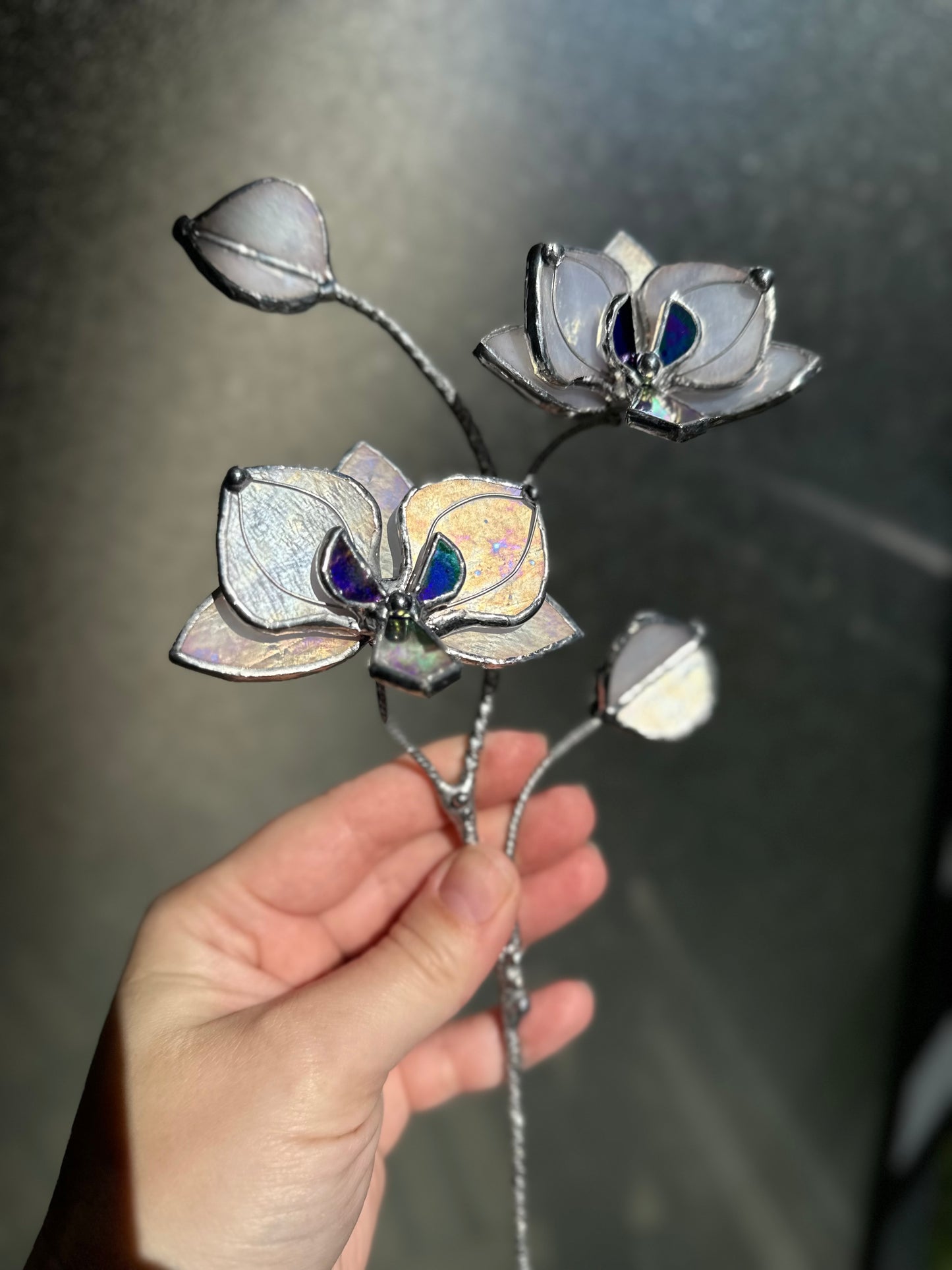 " . White pearl iridescent Orchid flower stick, Plant stake 2 flowers no pot” Stained glass tropical flower 3D, Sun catcher, Table plant, Garden stick, Outdoor and gardening decor