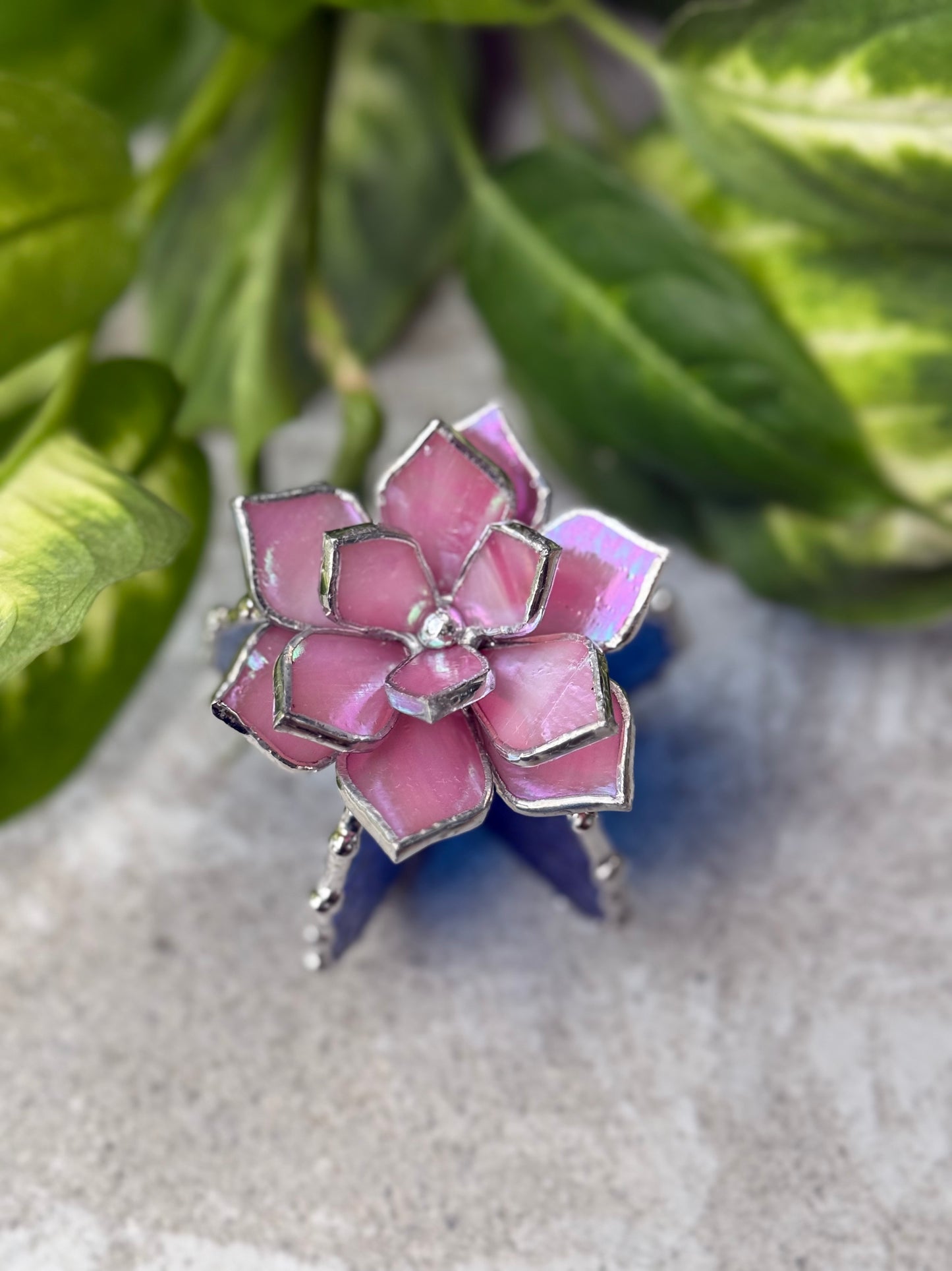 .Cactus Pink iridescent Handmade 3D Stained Glass Decor Modern Art new