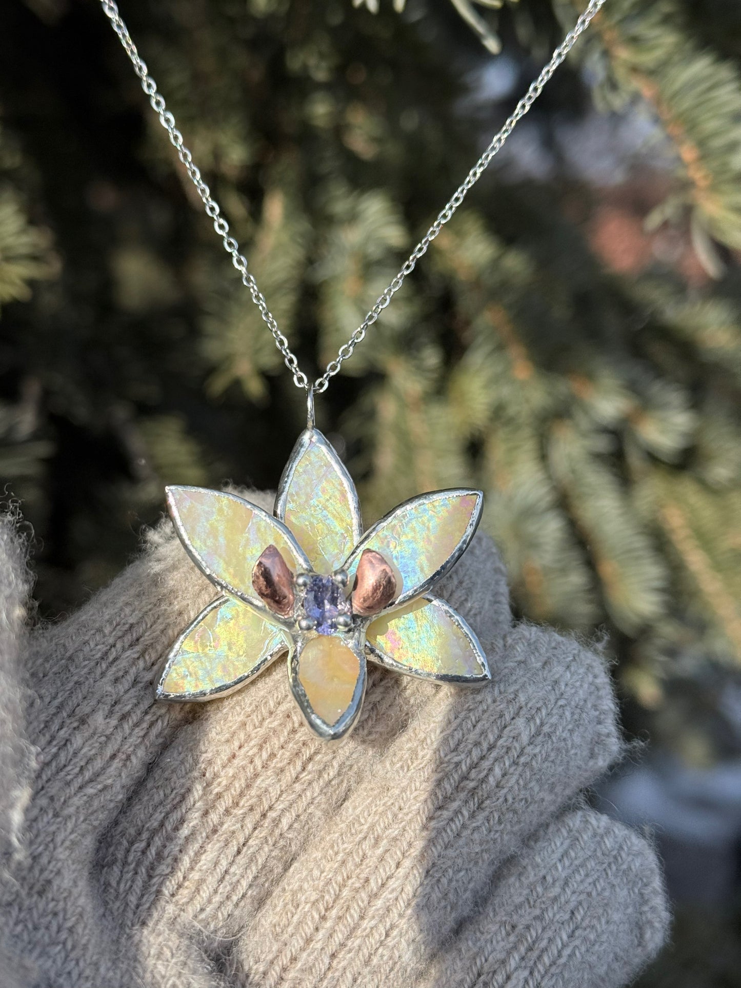 " . Necklace Tropical Orchid Yellow iridescent with Blue Iolite ” Stained glass tropical flower 3D, art jewelry