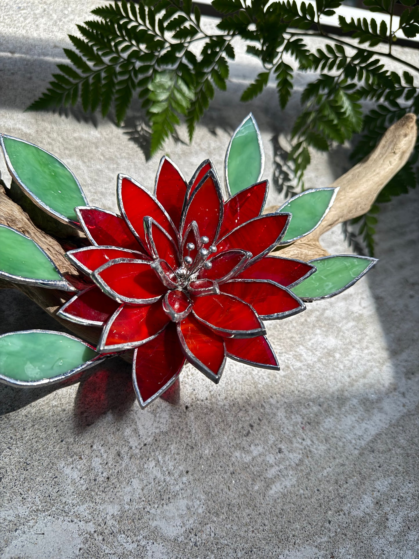 .Fire Flower Stained Glass Driftwood Wall Decor Suncatcher