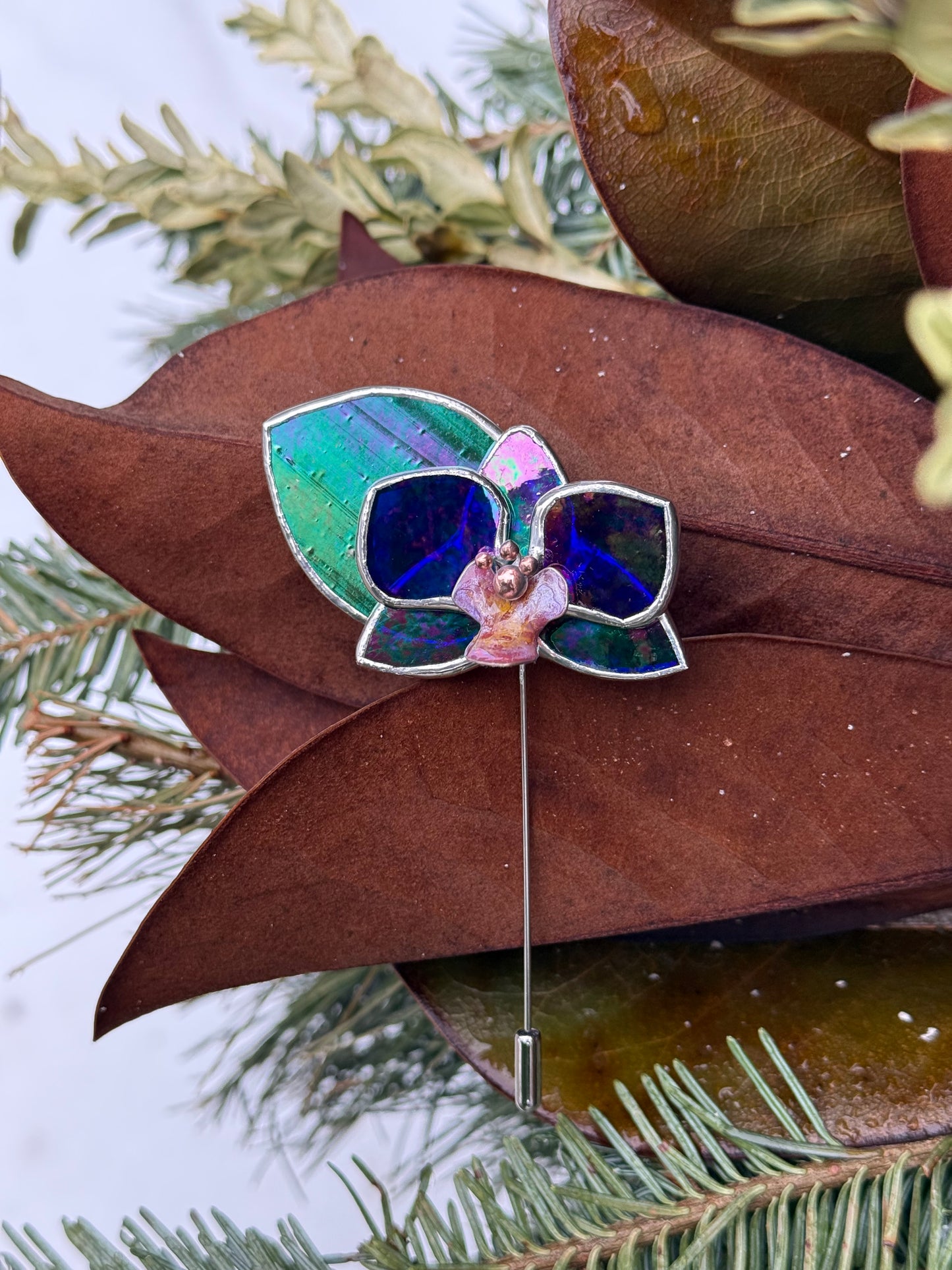Orchid Brooch Statement Stained Glass Floral Pin, Modern Art Jewelry