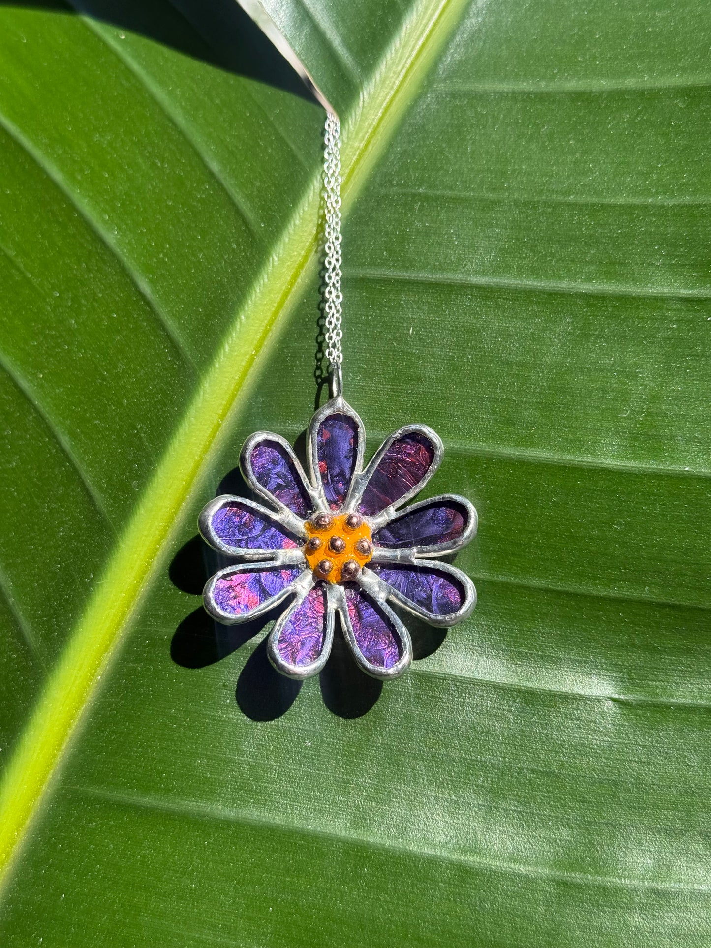 Daisy Purple & Pink, Stained Glass Necklace or Brooch, Handmade Botanical Jewelry