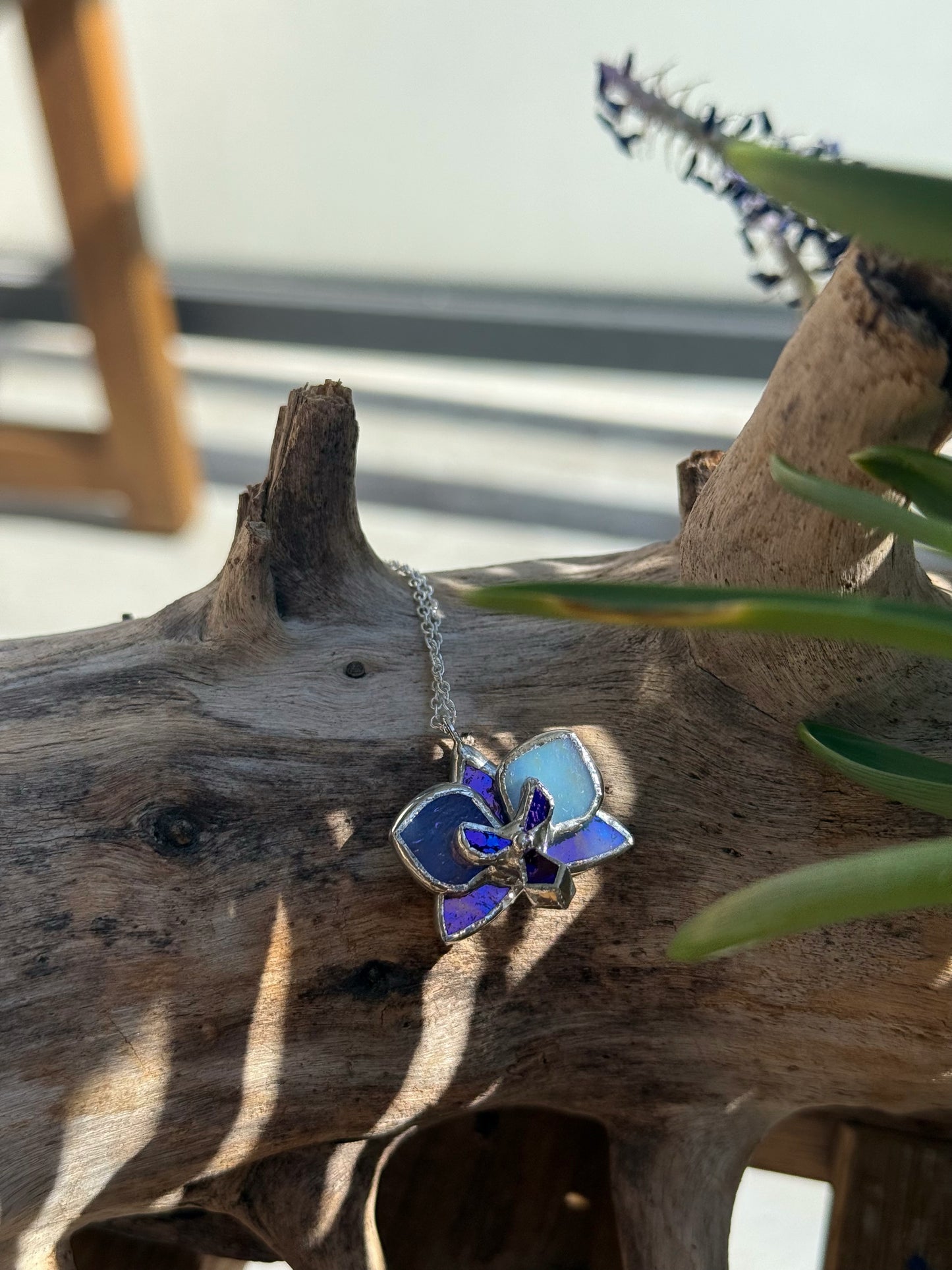 Blue lavender Orchid Irid, Stained Glass Necklace Handmade Botanical Jewelry