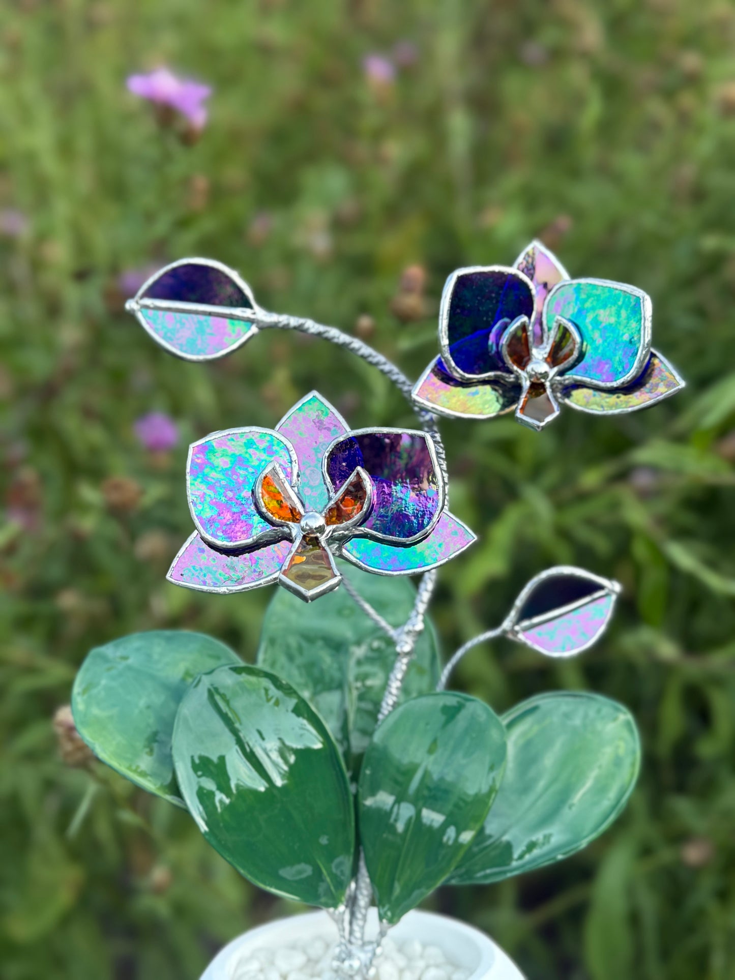 Indigo iridescent Artificial Orchid WITH RESIN Hand painted LEAVES 2 flowers with bud in a Pot, Botanical Art Sculpture