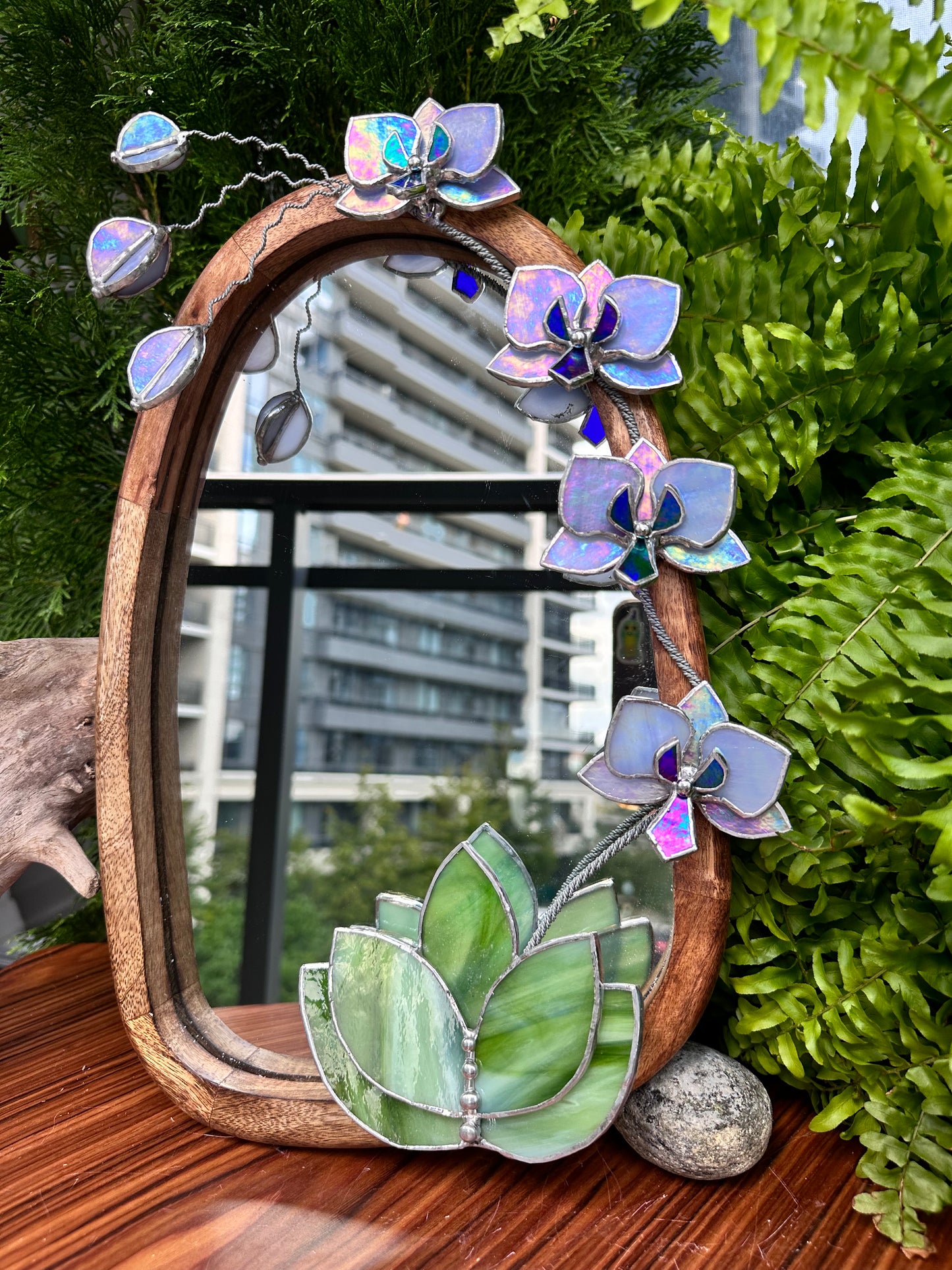 " . Lavender iridescent Orchid Mirror”, Stained glass flower Wall decor, Suncatcher, Home wedding Decor, Christmas gift, available