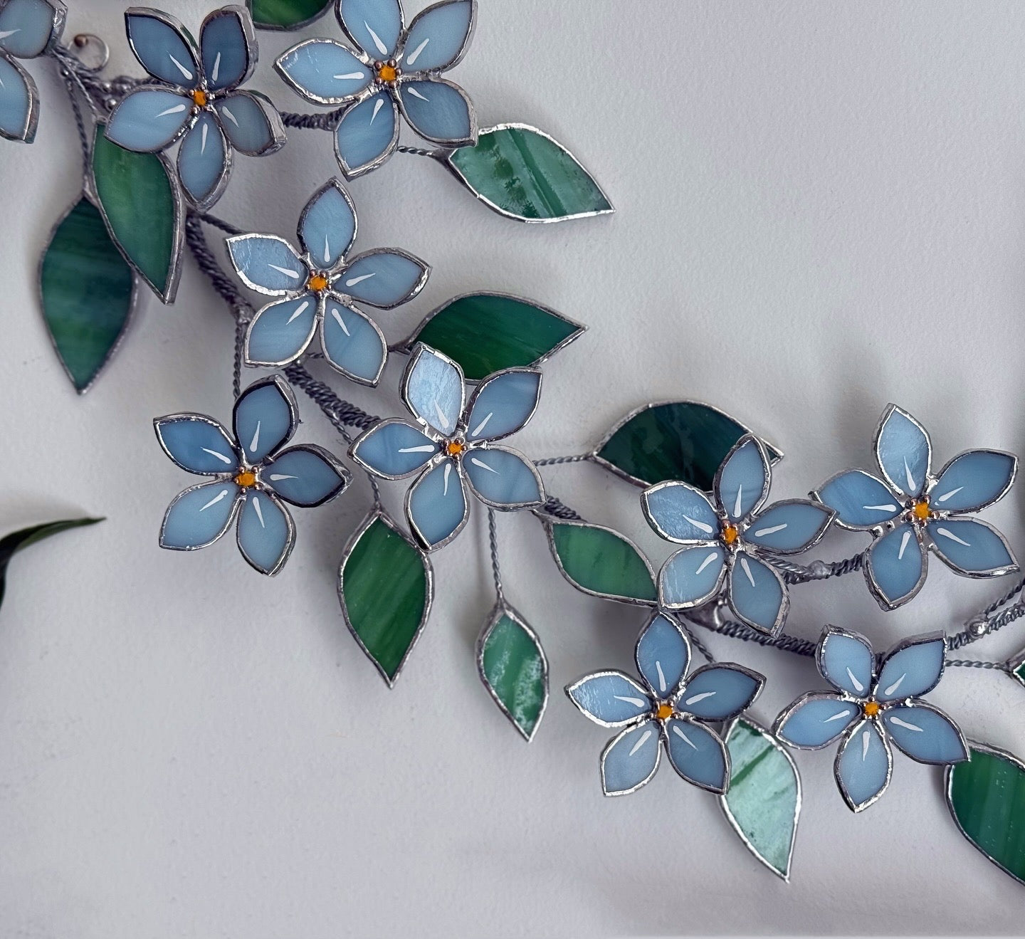 .Forget me Not Flower Branch Stained Glass Wall Decor, Glass Suncatcher Wall Decor ready