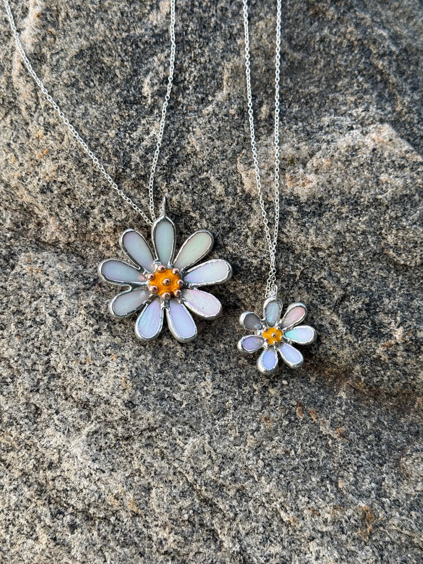 Daisy White Pearl Iridescent L S sizes, Stained Glass Necklace or Brooch, Handmade Botanical Jewelry