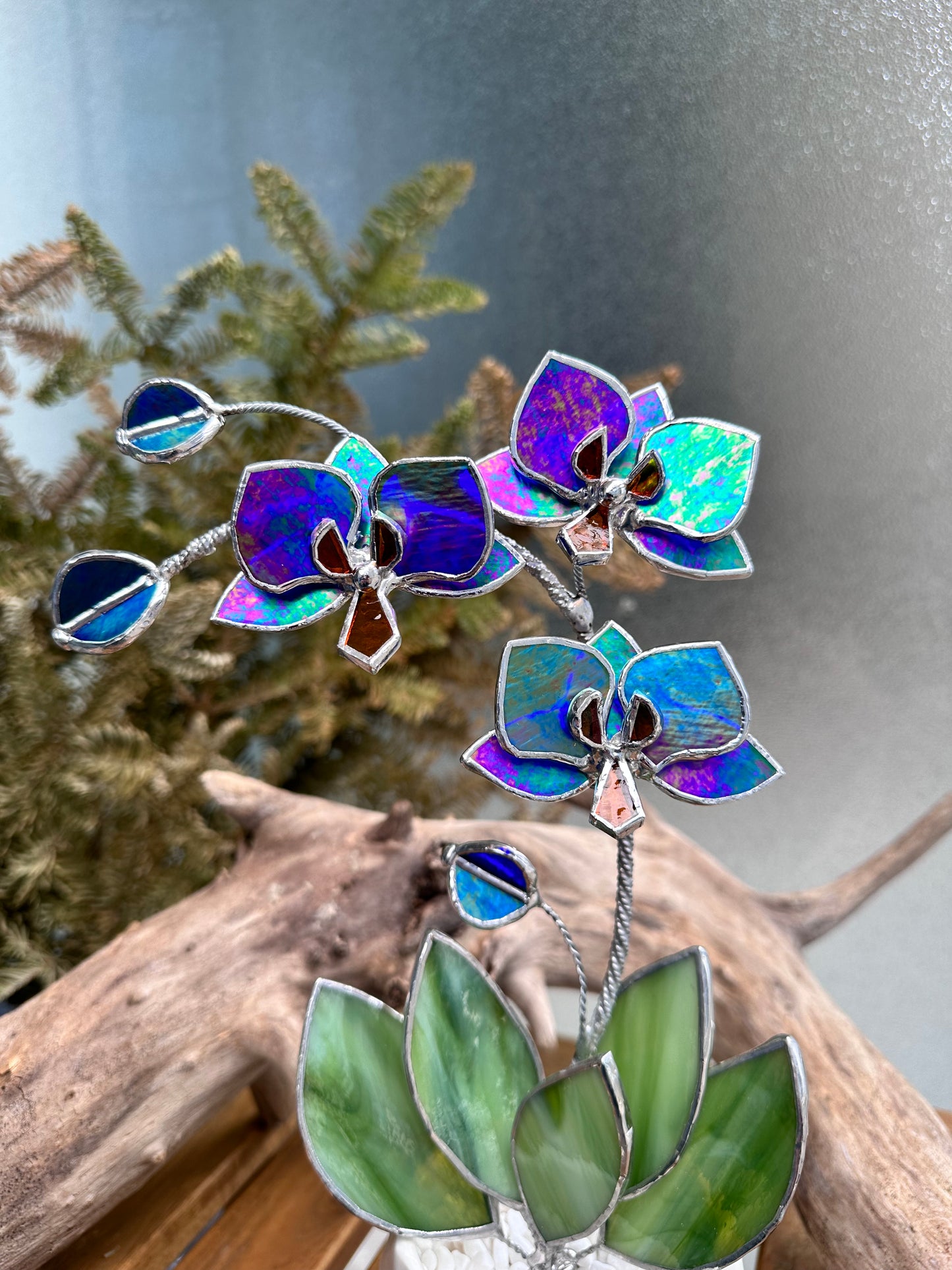 " .Indigo iridescent Orchid 3 flowers with pot” Stained glass tropical flower 3D, Sun catcher, Table plant, Garden stick, Outdoor and gardening decor