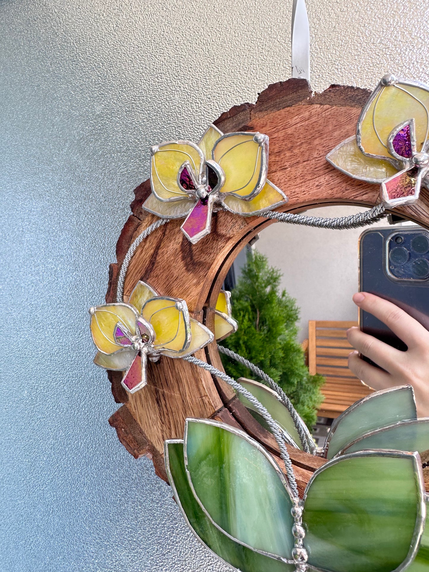 ". Yellow iridescent Orchid Mirror" Stained glass flower Wall decor.  Sun catcher Wooden frame Home wedding Decor Art. Christmas gift