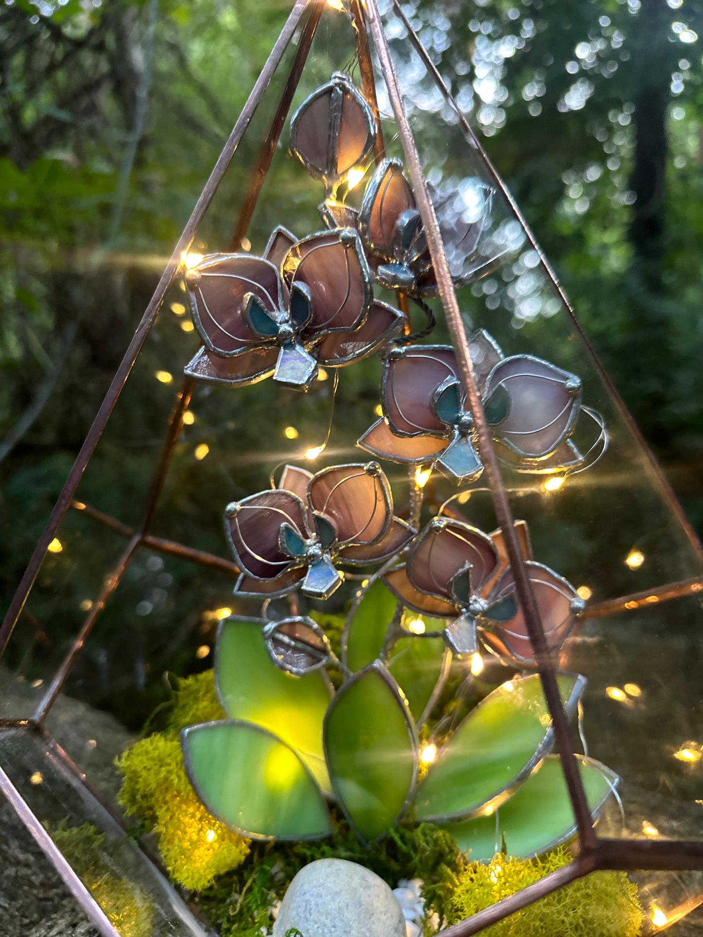 " . Geometric glass 3D terrarium Teardrop with stained glass orchids. Wedding glass decor, Mother’s Day  gift, glass art, suncatcher, succulents, cacti