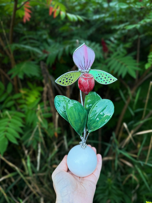 Lady’s Slipper Orchid, Handpainted Artificial Flower With Resin Leaves, Botanical Art Stained glass